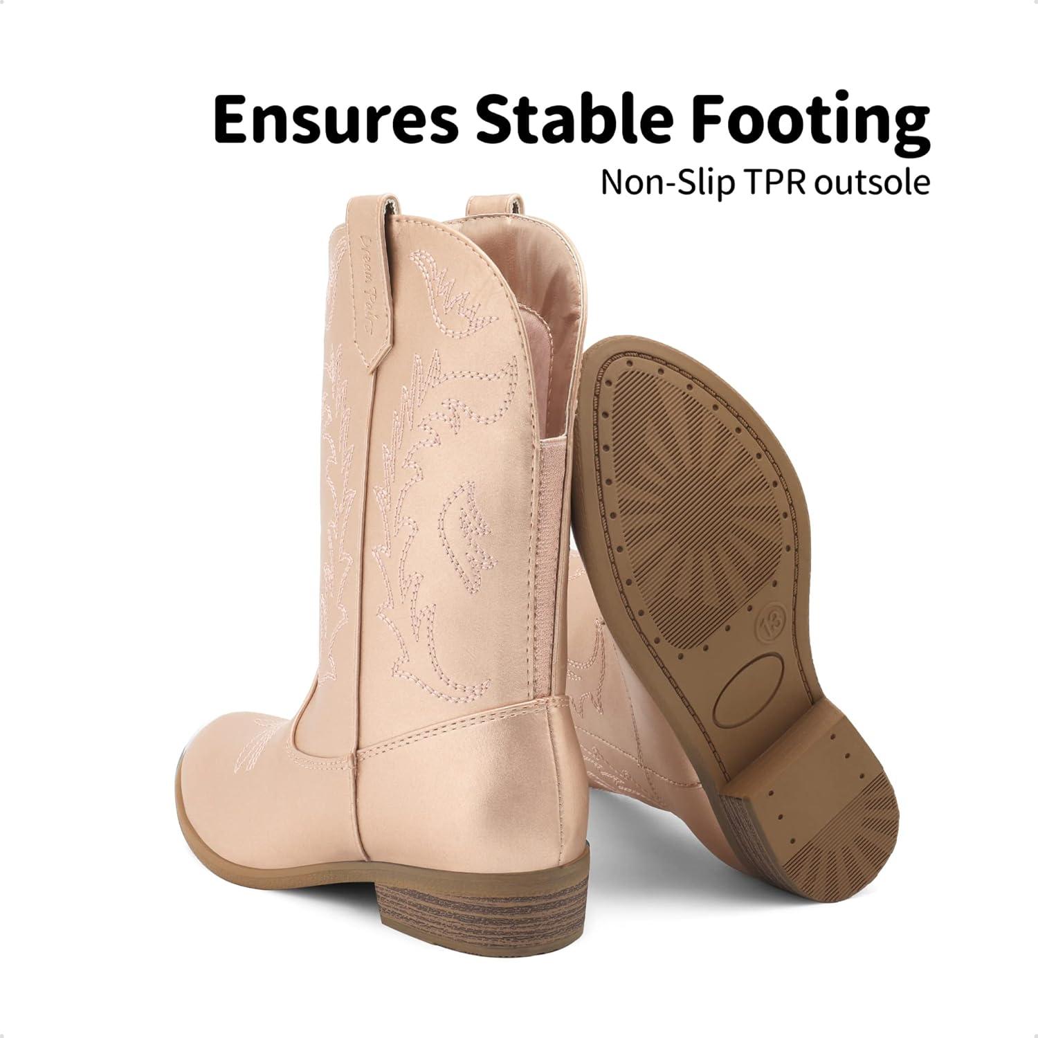 imageDREAM PAIRS Cowgirl Cowboy Western Boots Girls Mid Calf Riding Shoes Little KidBig KidRose Gold