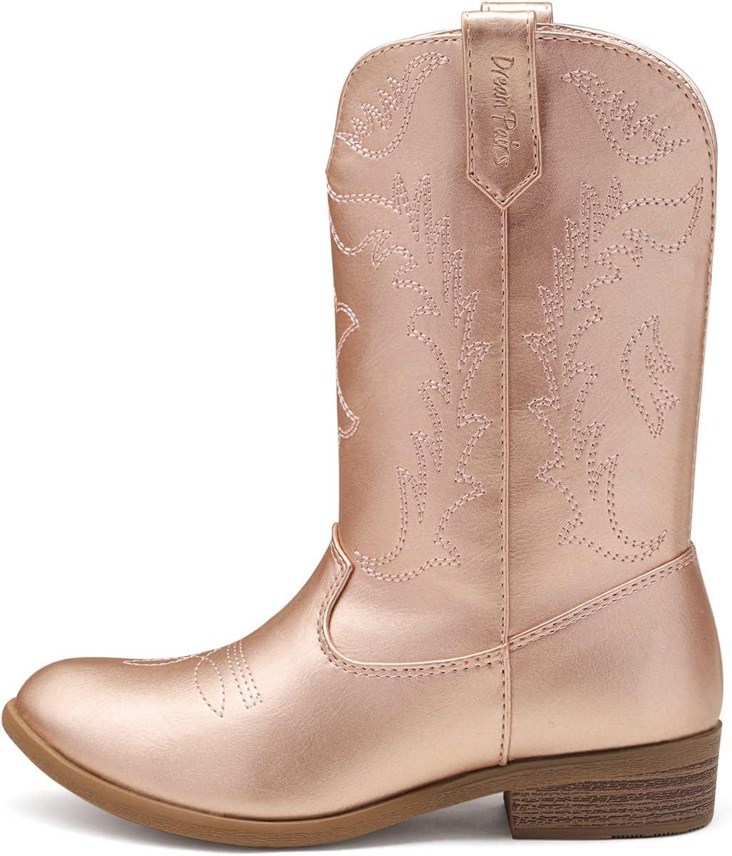 imageDREAM PAIRS Cowgirl Cowboy Western Boots Girls Mid Calf Riding Shoes Little KidBig KidRose Gold
