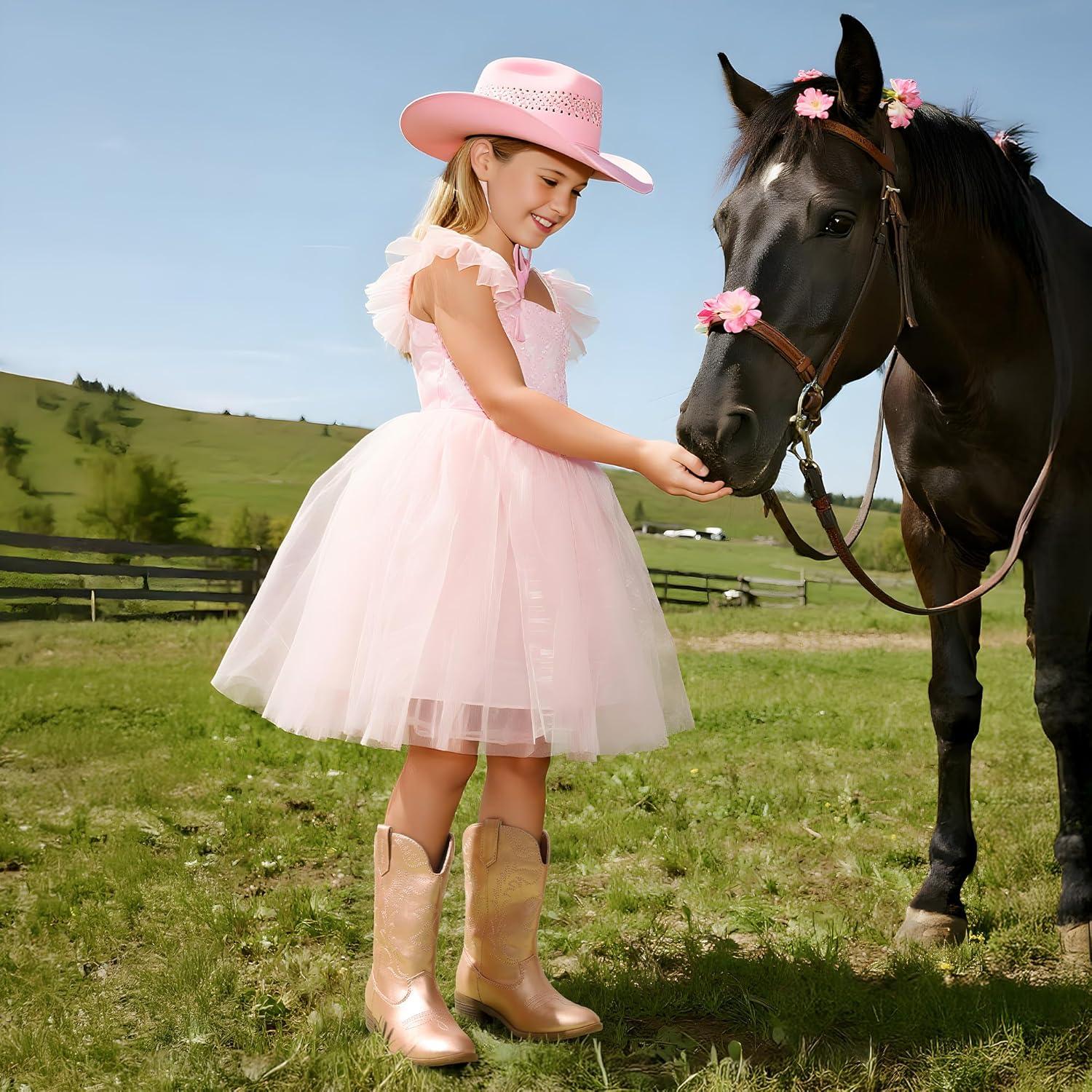 imageDREAM PAIRS Cowgirl Cowboy Western Boots Girls Mid Calf Riding Shoes Little KidBig KidRose Gold