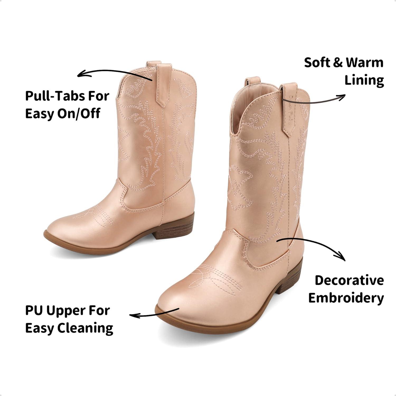 imageDREAM PAIRS Cowgirl Cowboy Western Boots Girls Mid Calf Riding Shoes Little KidBig KidRose Gold