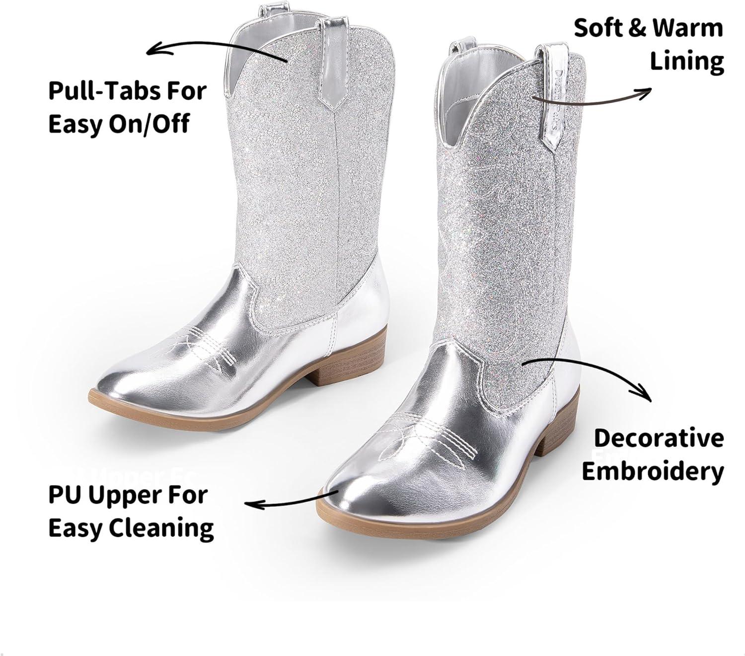 imageDREAM PAIRS Cowgirl Cowboy Western Boots Girls Mid Calf Riding Shoes Little KidBig KidSilver