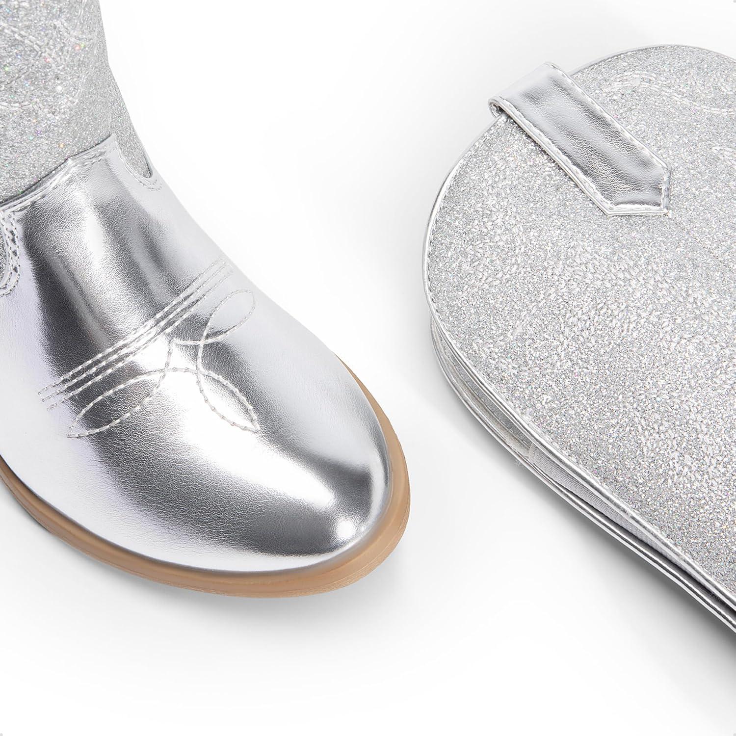 imageDREAM PAIRS Cowgirl Cowboy Western Boots Girls Mid Calf Riding Shoes Little KidBig KidSilver