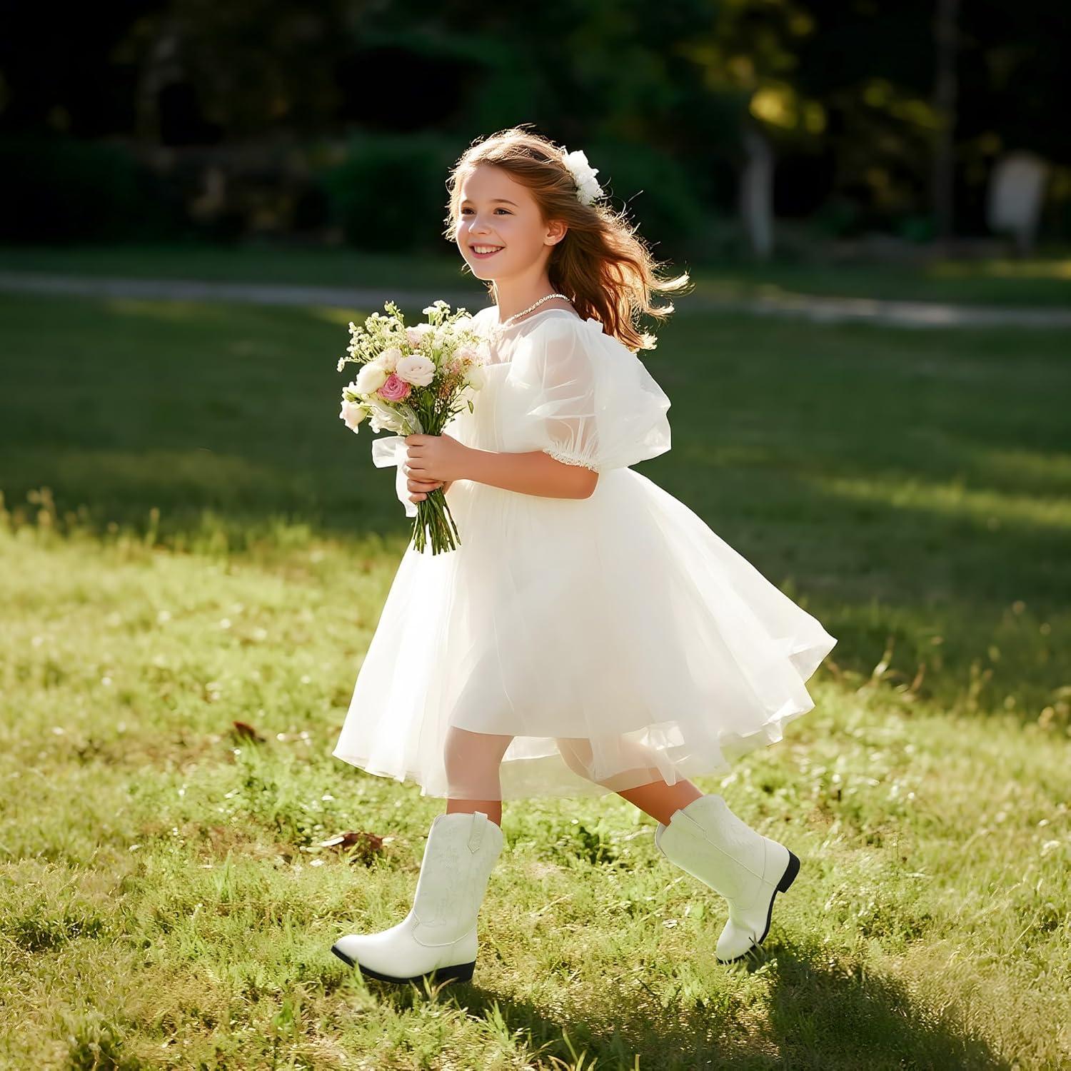 imageDREAM PAIRS Cowgirl Cowboy Western Boots Girls Mid Calf Riding Shoes Little KidBig KidWhite