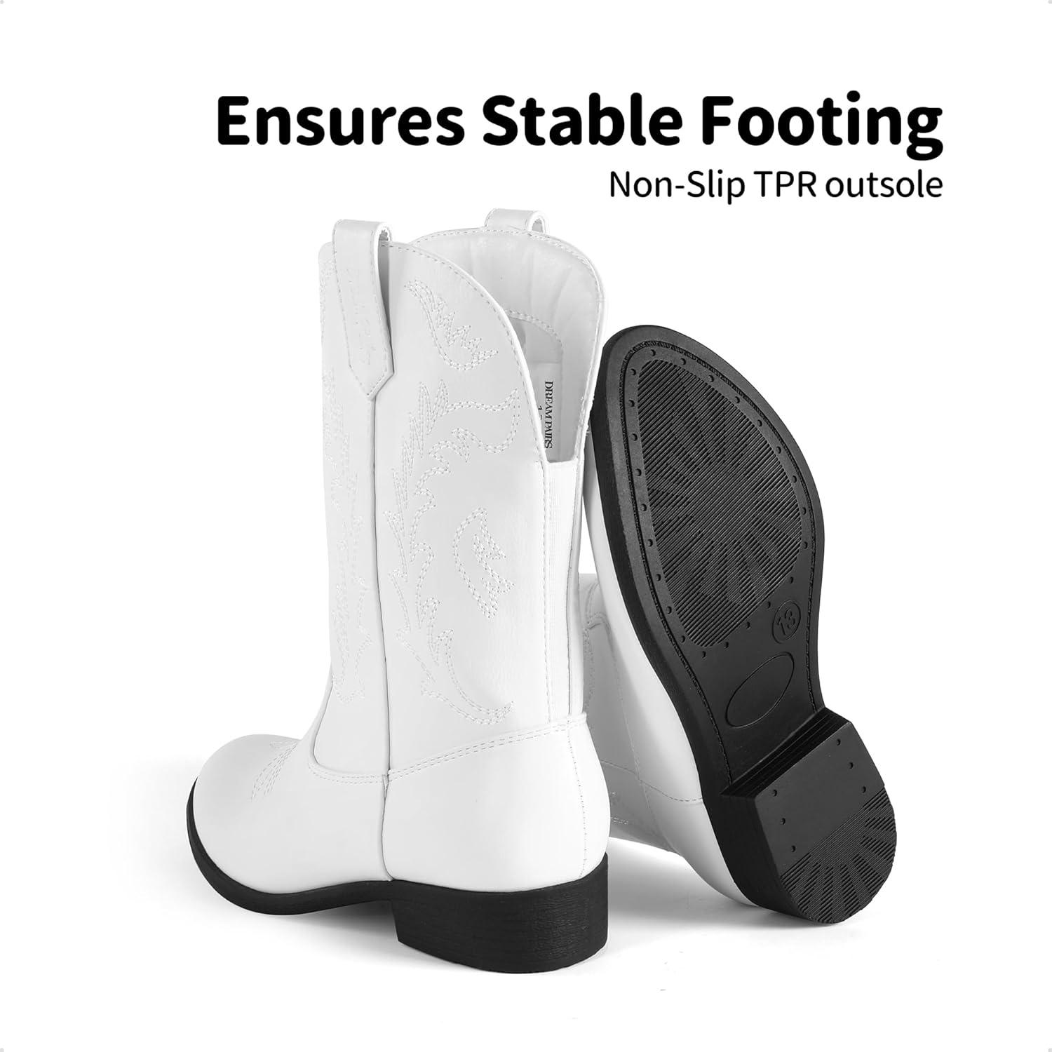 imageDREAM PAIRS Cowgirl Cowboy Western Boots Girls Mid Calf Riding Shoes Little KidBig KidWhite