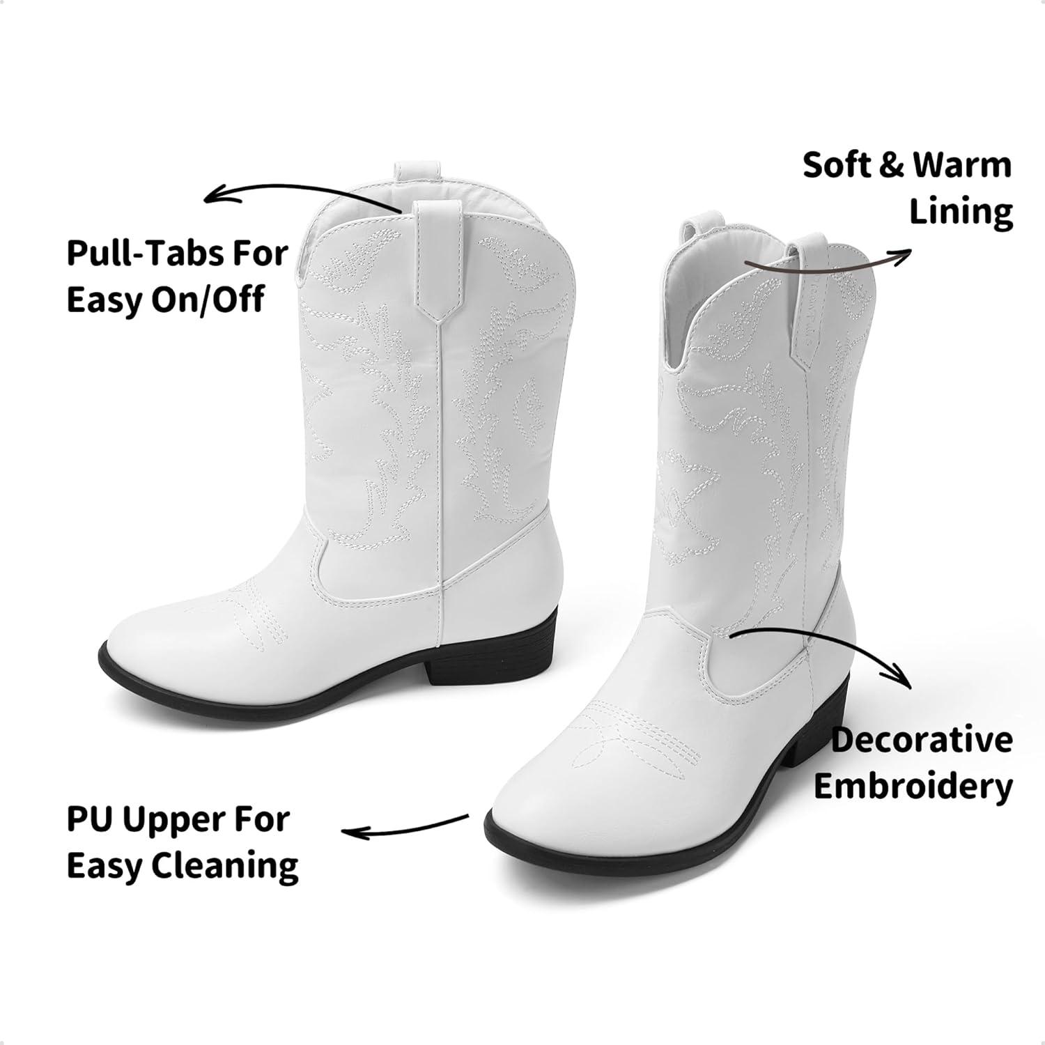 imageDREAM PAIRS Cowgirl Cowboy Western Boots Girls Mid Calf Riding Shoes Little KidBig KidWhite