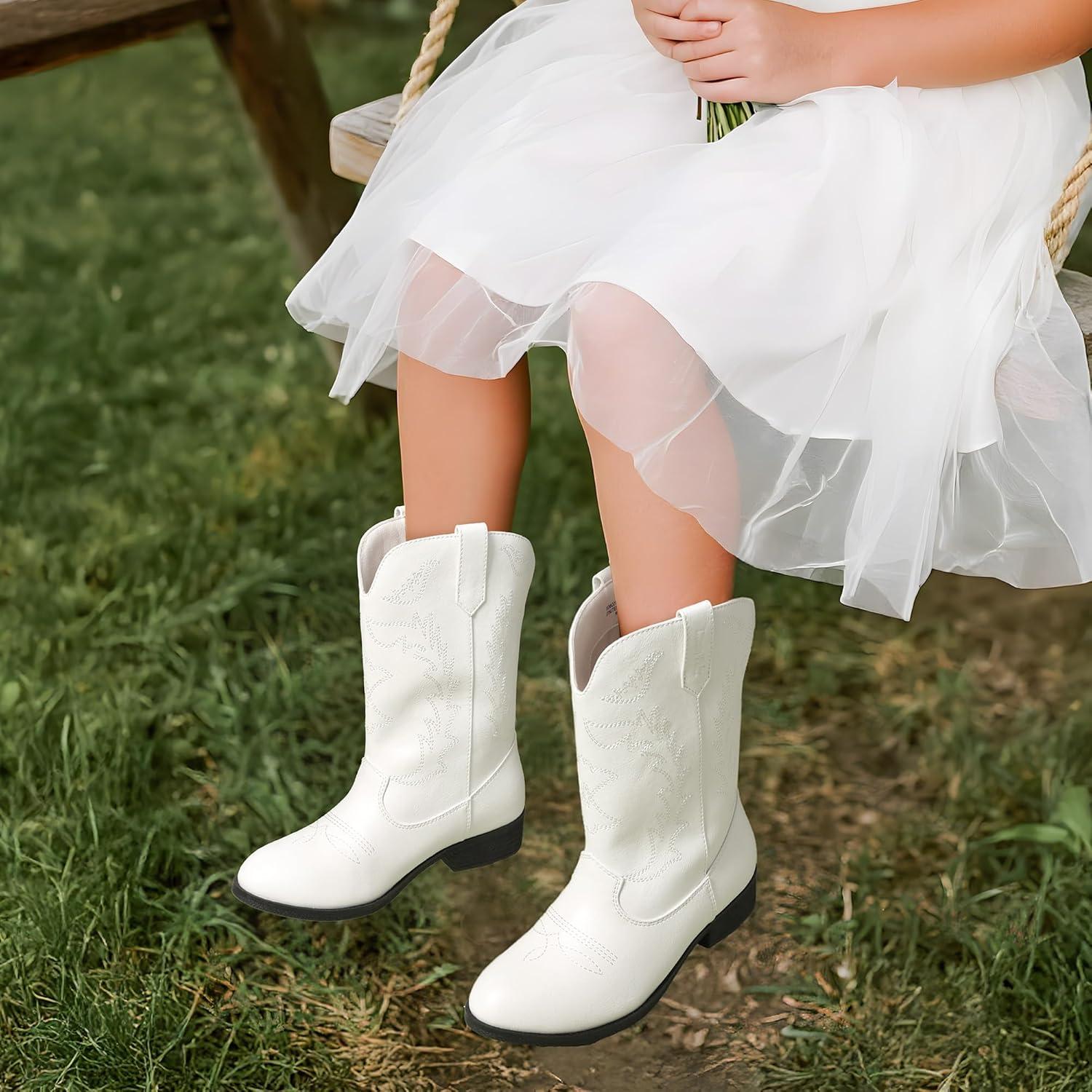 imageDREAM PAIRS Cowgirl Cowboy Western Boots Girls Mid Calf Riding Shoes Little KidBig KidWhite