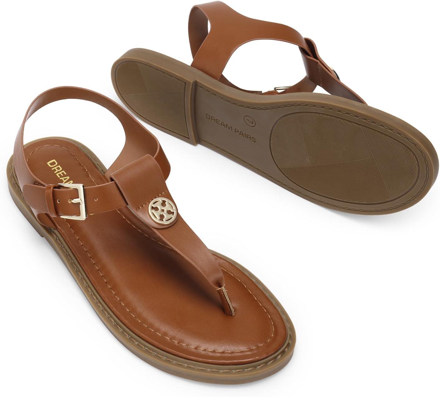 imageDREAM PAIRS Dressy TStrap Flat Thong Sandals for Women Comfort Roman Gladiator Casual Summer Beach Flip Flop Shoes with Adjustable Back Ankle StrapBrown