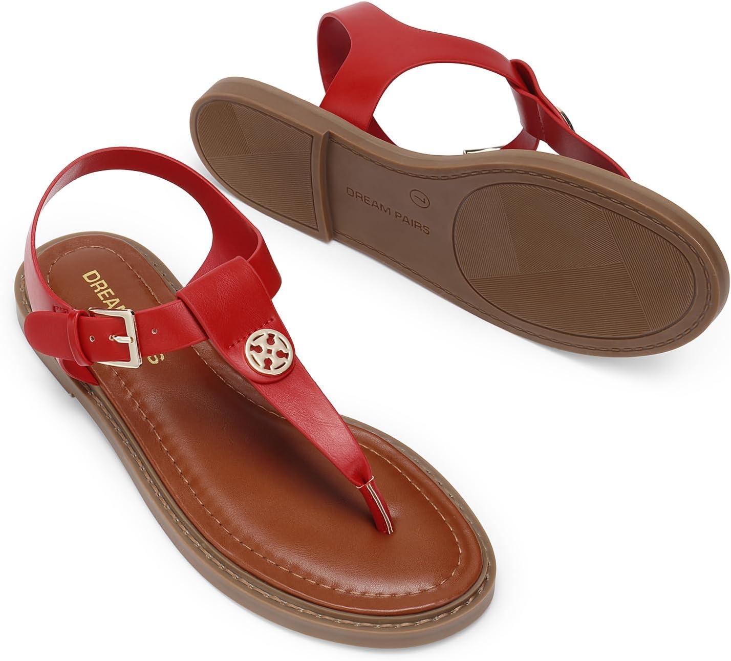 imageDREAM PAIRS Dressy TStrap Flat Thong Sandals for Women Comfort Roman Gladiator Casual Summer Beach Flip Flop Shoes with Adjustable Back Ankle StrapRed