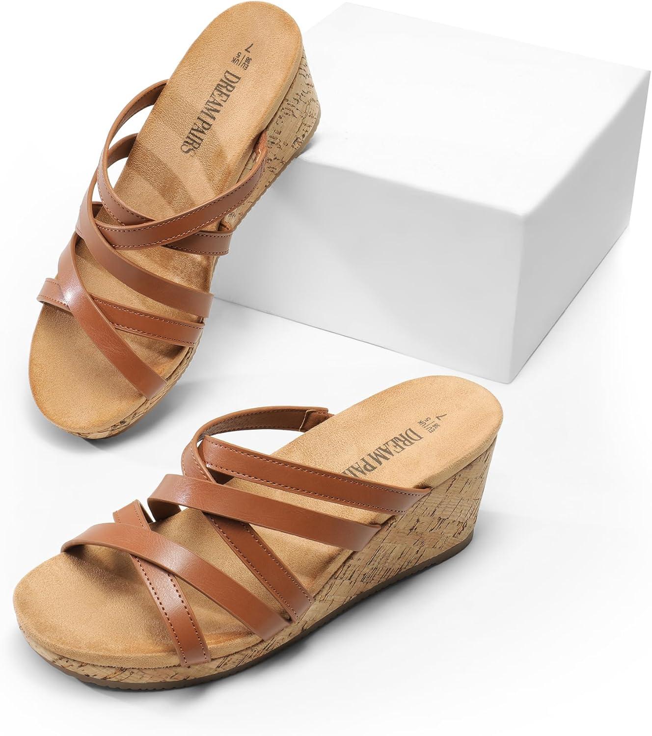 imageDREAM PAIRS Dressy Wedge Sandals for Women Casual Summer Comfort Cork Strappy Platform Slides SandalsBrown