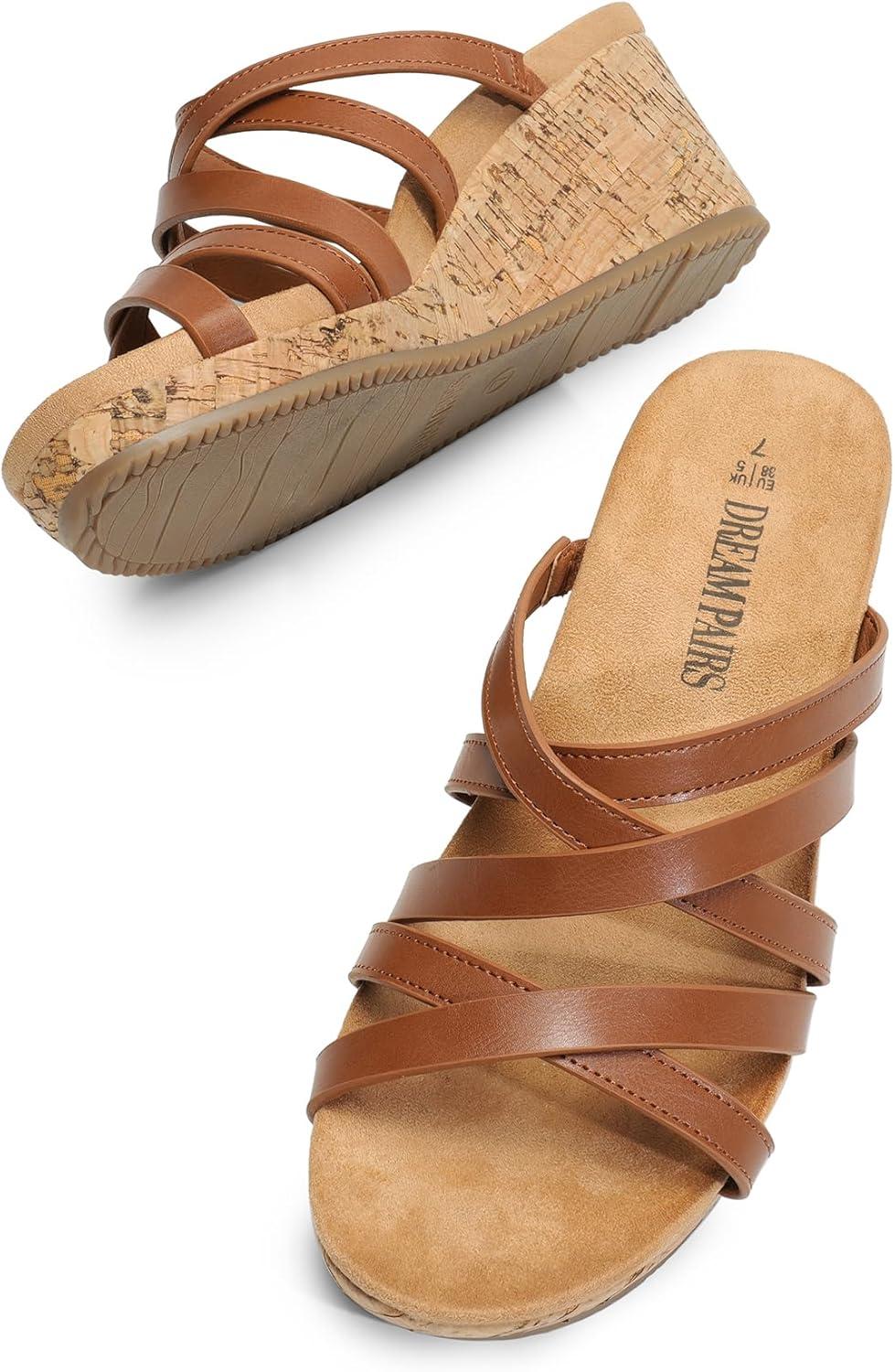 imageDREAM PAIRS Dressy Wedge Sandals for Women Casual Summer Comfort Cork Strappy Platform Slides SandalsBrown