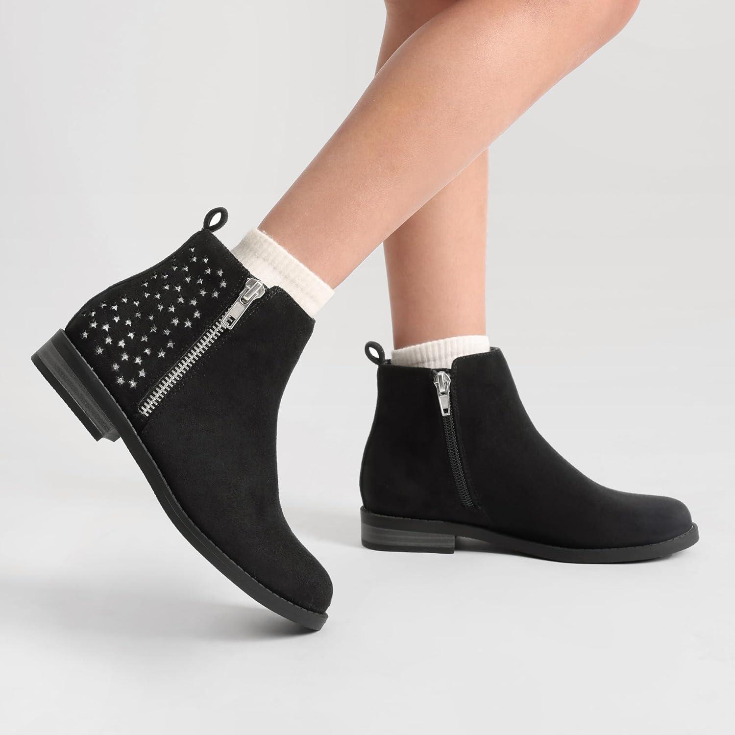 imageDREAM PAIRS Girls Ankle Boots Kids Fashion Booties with Glitter Stars Side Zipper Low Heels Warm Shoes for ToddlerLittle KidBig KidBlack