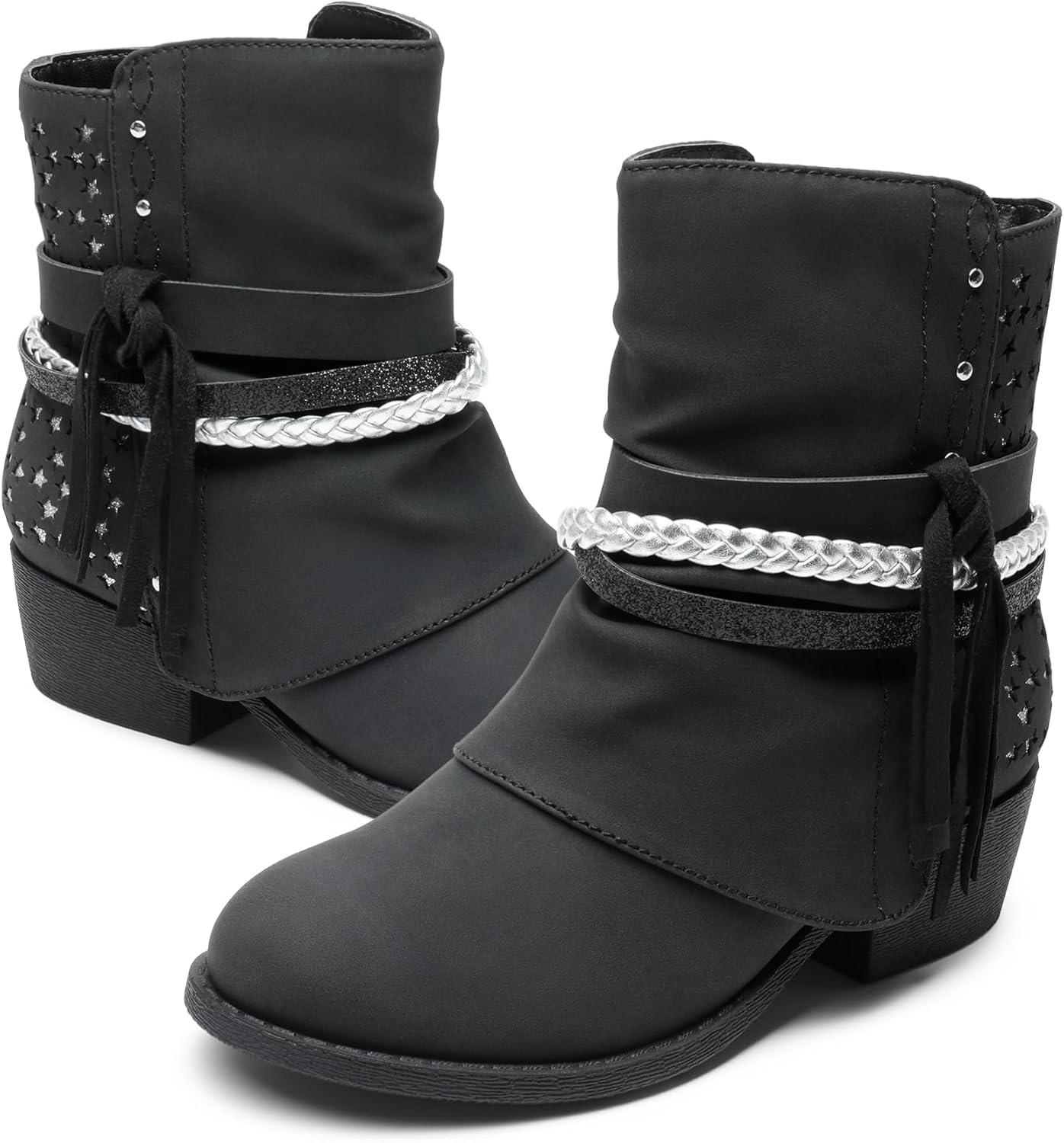 imageDREAM PAIRS Girls Ankle Boots Side Zipper Low Heels Boots Little KidBig KidBlackSilver