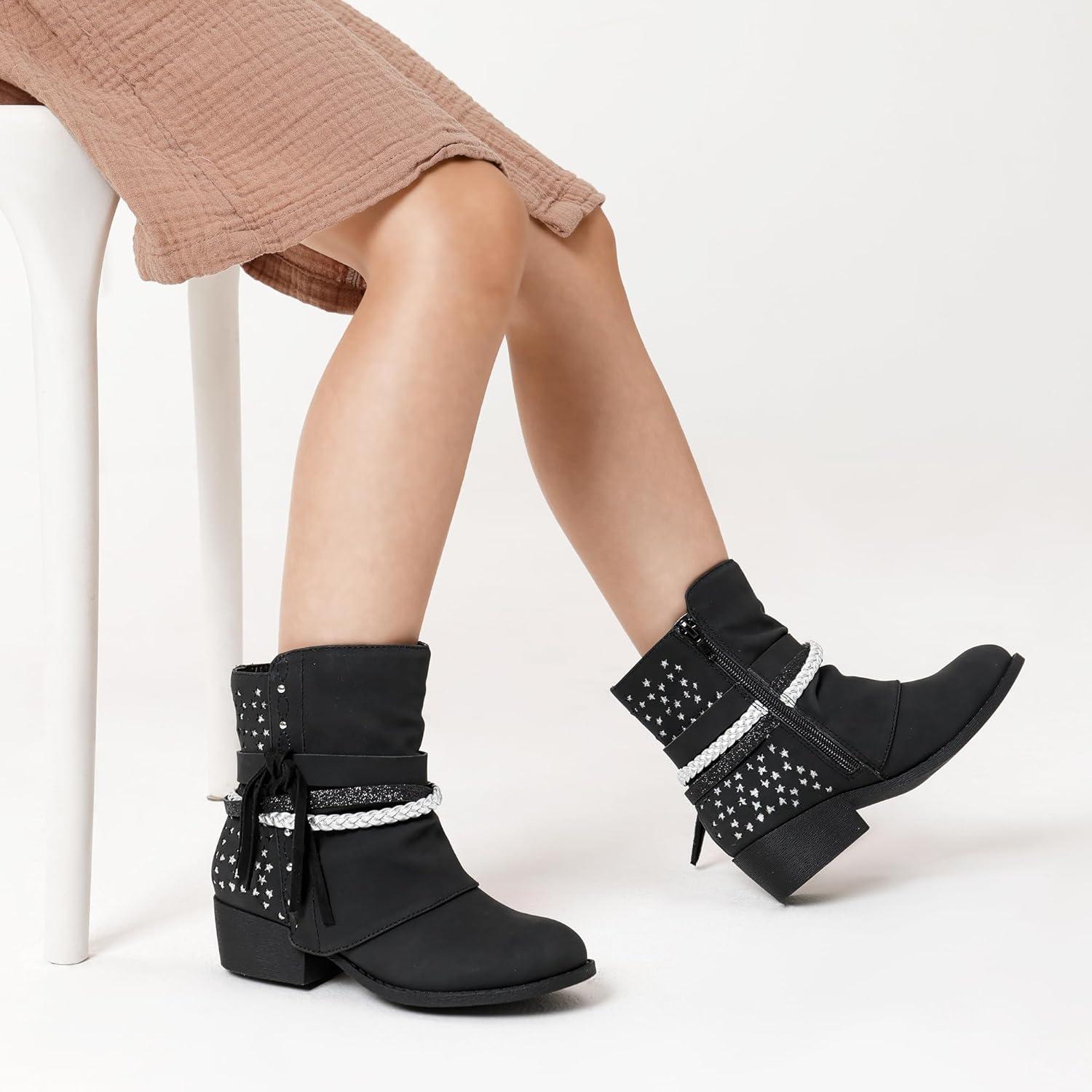 imageDREAM PAIRS Girls Ankle Boots Side Zipper Low Heels Boots Little KidBig KidBlackSilver