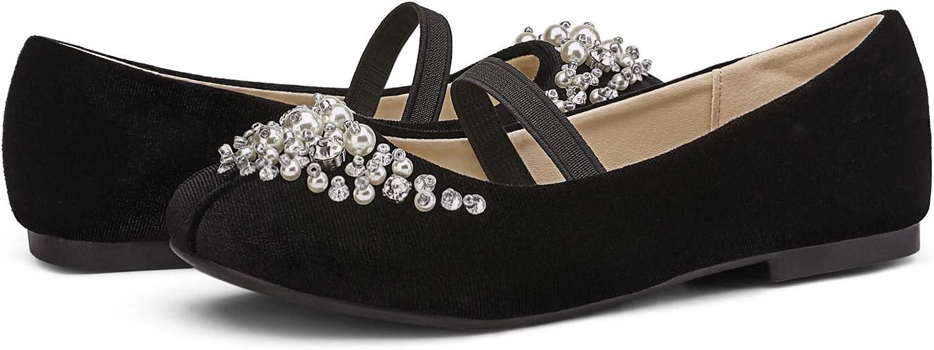 imageDREAM PAIRS Girls Ballet Flats Flower Shoes Mary Jane Ballerina Flat Dress Shoes for DailyWeddingPartyBlackSuede