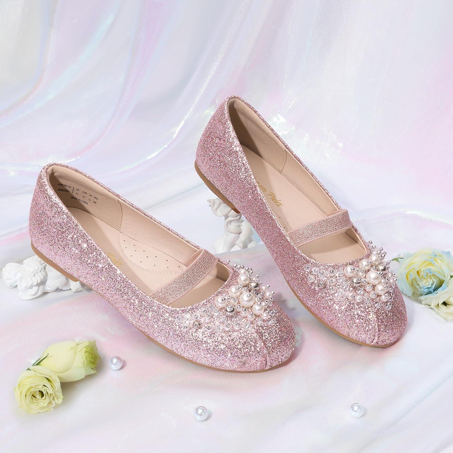 imageDREAM PAIRS Girls Ballet Flats Flower Shoes Mary Jane Ballerina Flat Dress Shoes for DailyWeddingPartyPinkGlitter