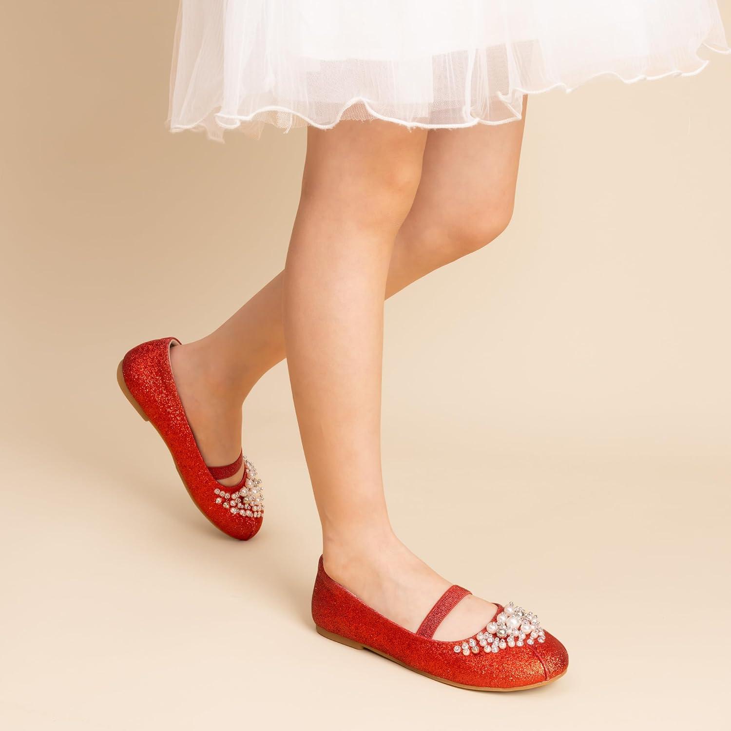 imageDREAM PAIRS Girls Ballet Flats Flower Shoes Mary Jane Ballerina Flat Dress Shoes for DailyWeddingPartyRedGlitter