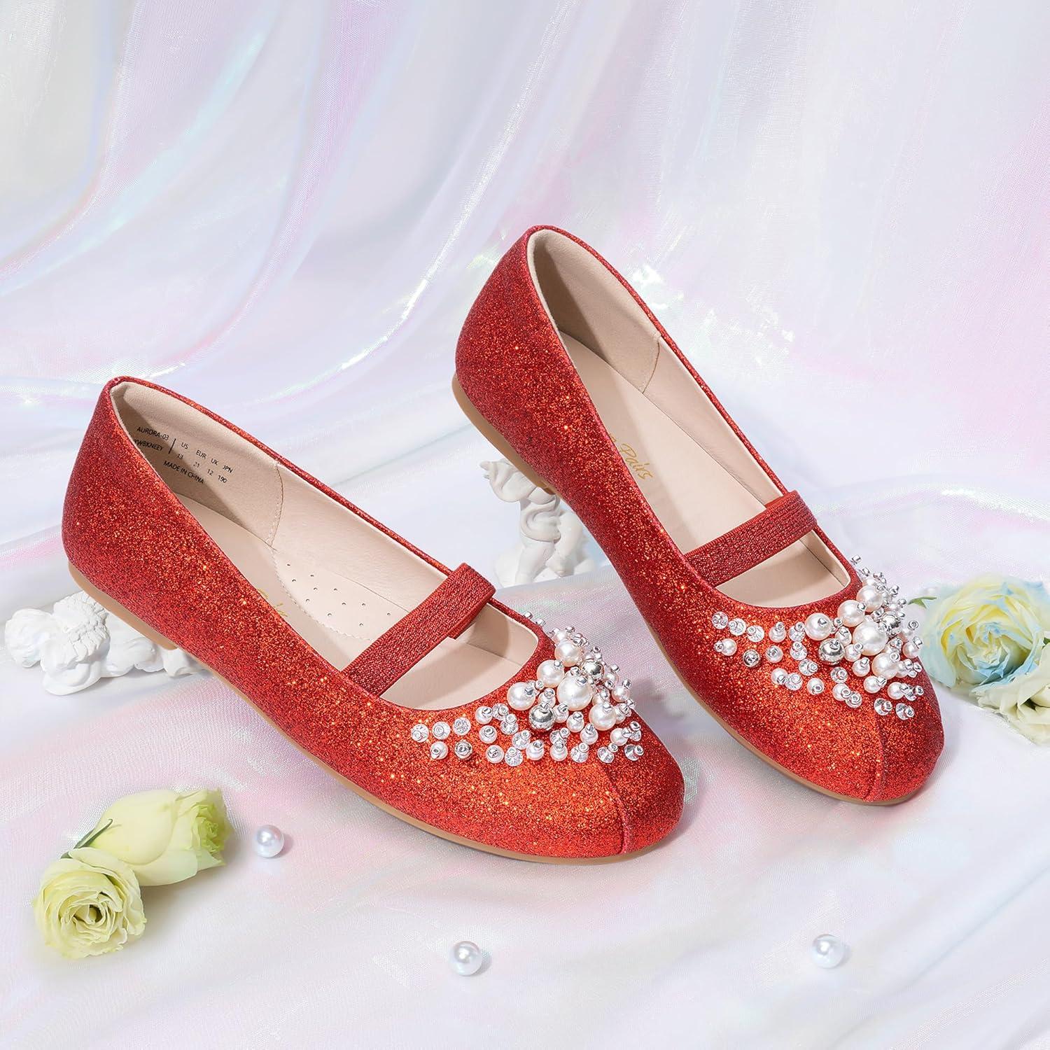 imageDREAM PAIRS Girls Ballet Flats Flower Shoes Mary Jane Ballerina Flat Dress Shoes for DailyWeddingPartyRedGlitter