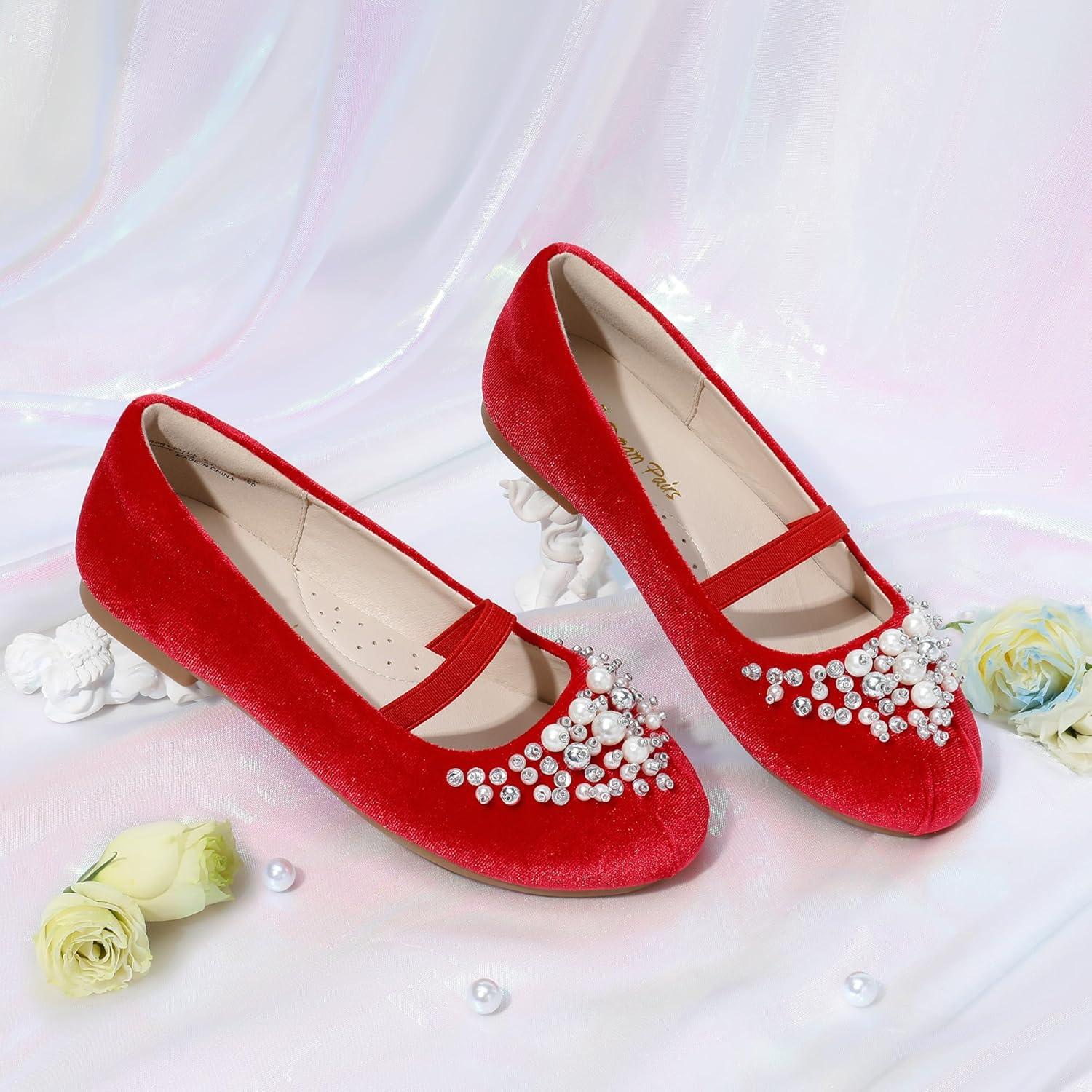 imageDREAM PAIRS Girls Ballet Flats Flower Shoes Mary Jane Ballerina Flat Dress Shoes for DailyWeddingPartyRedSuede