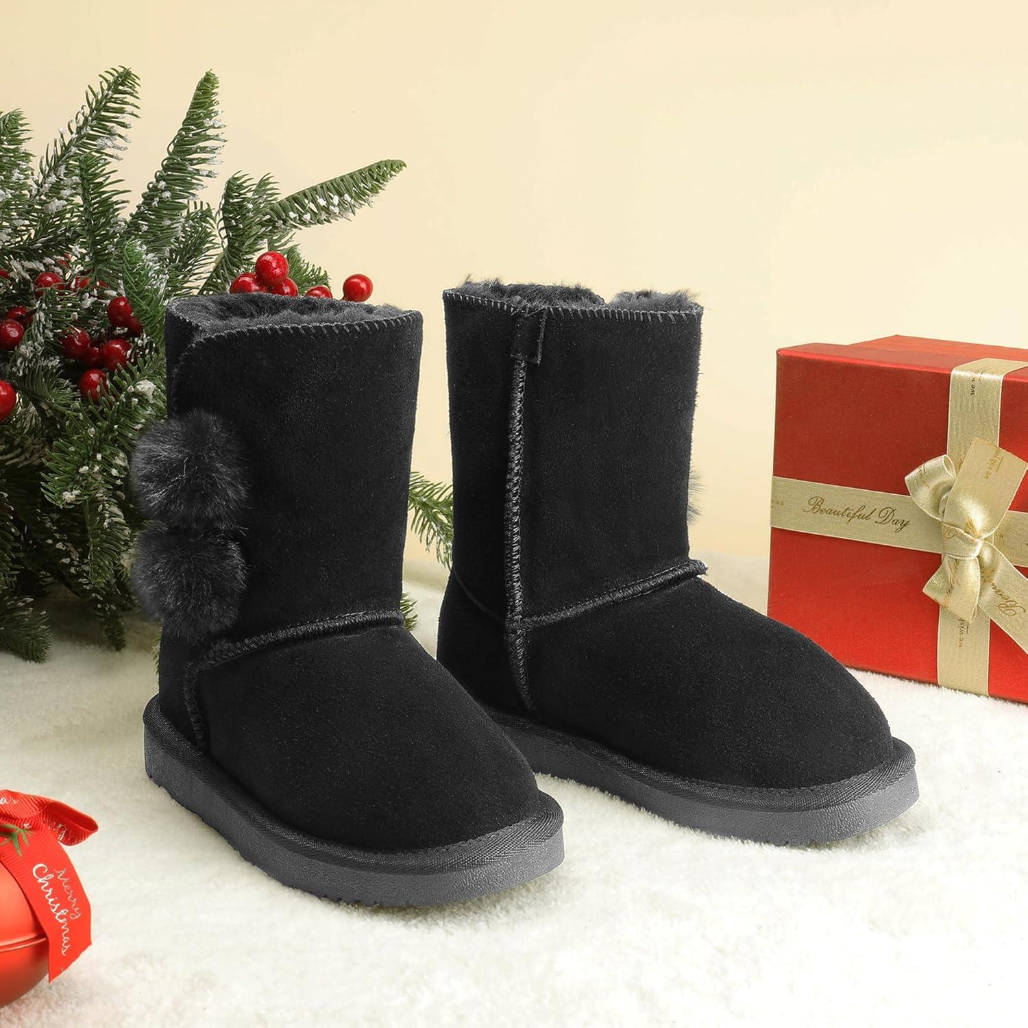imageDREAM PAIRS Girls Boots Kids Boys Winter Snow Suede Mid Calf Boots Faux Fur Lined FuzzyChic Kids Lolly for Little KidBig KidBlack