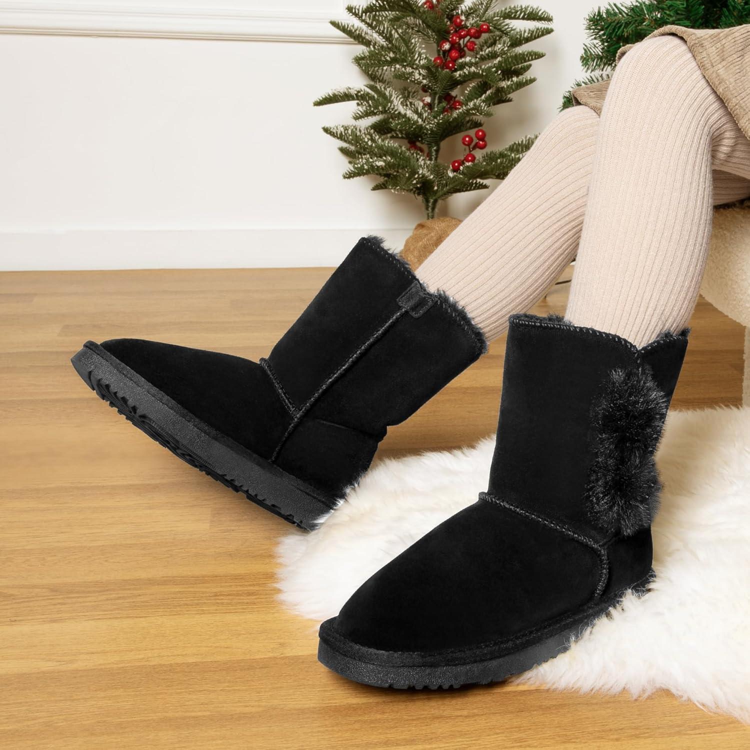 imageDREAM PAIRS Girls Boots Kids Boys Winter Snow Suede Mid Calf Boots Faux Fur Lined FuzzyChic Kids Lolly for Little KidBig KidBlack
