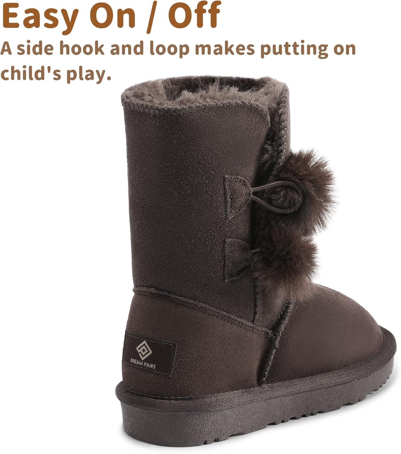 imageDREAM PAIRS Girls Boots Kids Boys Winter Snow Suede Mid Calf Boots Faux Fur Lined FuzzyChic Kids Lolly for Little KidBig KidBrown