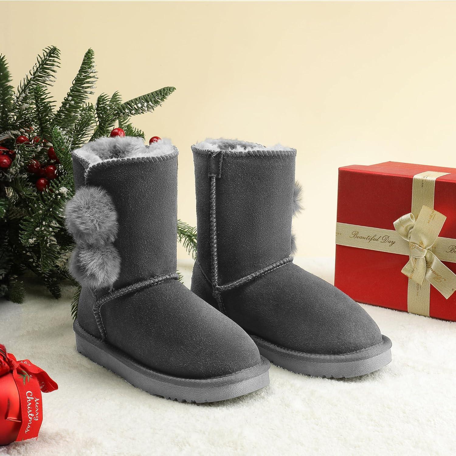 imageDREAM PAIRS Girls Boots Kids Boys Winter Snow Suede Mid Calf Boots Faux Fur Lined FuzzyChic Kids Lolly for Little KidBig KidGrey