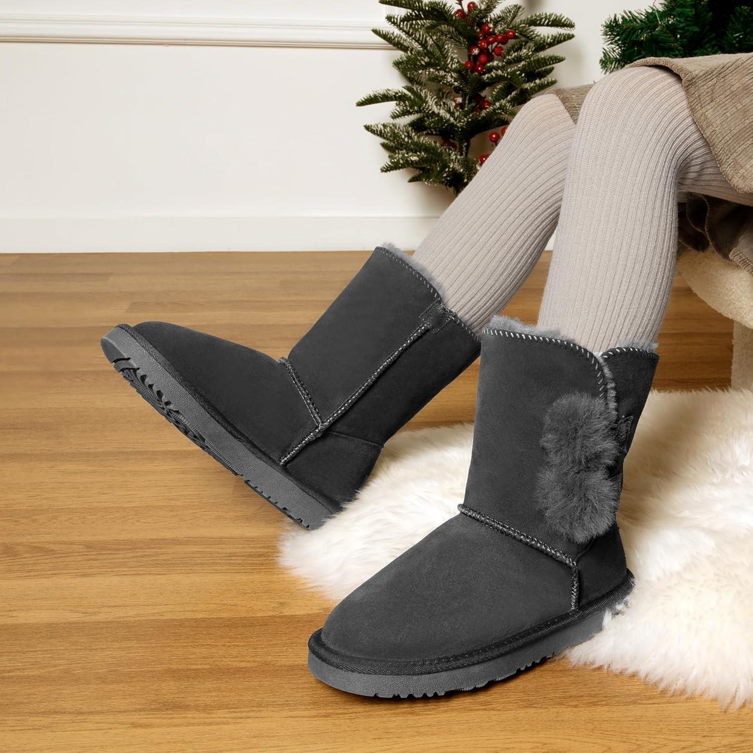 imageDREAM PAIRS Girls Boots Kids Boys Winter Snow Suede Mid Calf Boots Faux Fur Lined FuzzyChic Kids Lolly for Little KidBig KidGrey