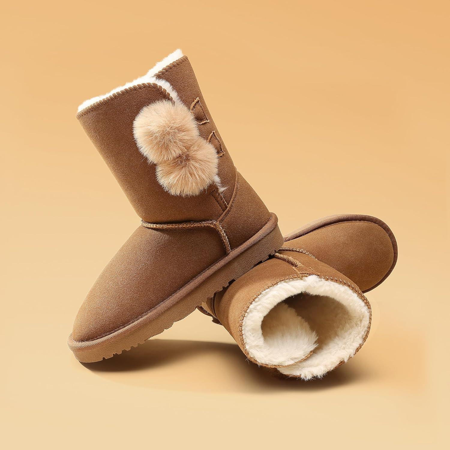 imageDREAM PAIRS Girls Boots Kids Boys Winter Snow Suede Mid Calf Boots Faux Fur Lined FuzzyChic Kids Lolly for Little KidBig KidLight Brown