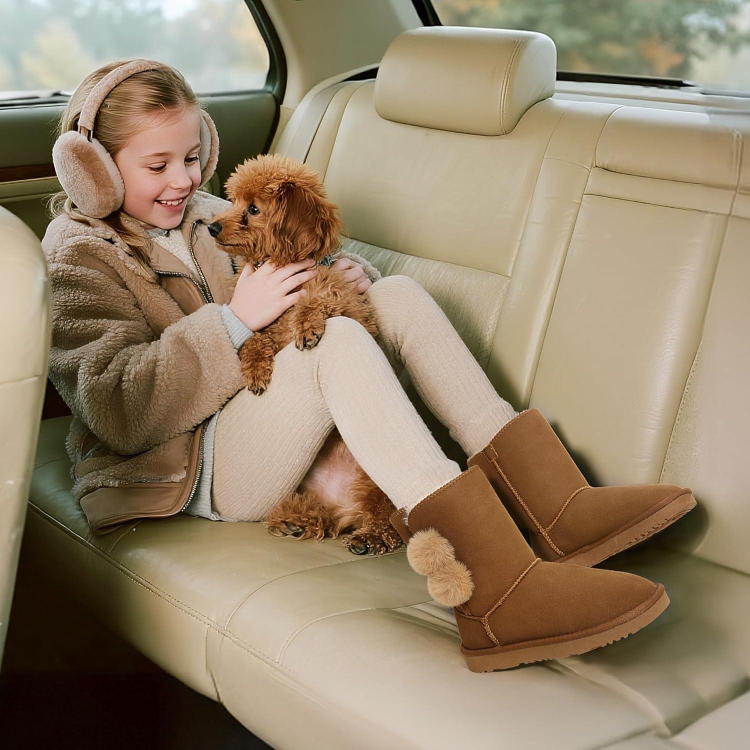 imageDREAM PAIRS Girls Boots Kids Boys Winter Snow Suede Mid Calf Boots Faux Fur Lined FuzzyChic Kids Lolly for Little KidBig KidLight Brown