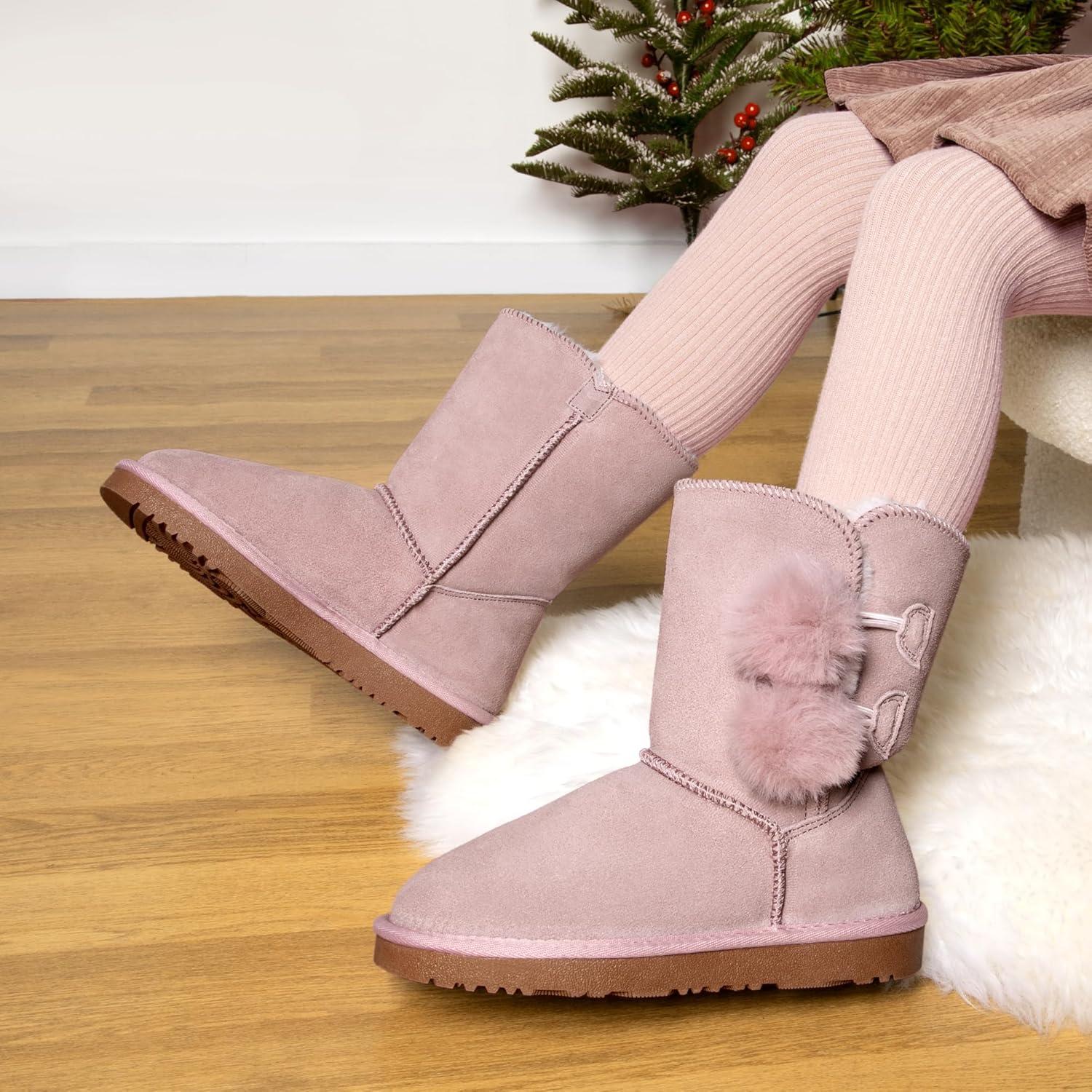 imageDREAM PAIRS Girls Boots Kids Boys Winter Snow Suede Mid Calf Boots Faux Fur Lined FuzzyChic Kids Lolly for Little KidBig KidPink