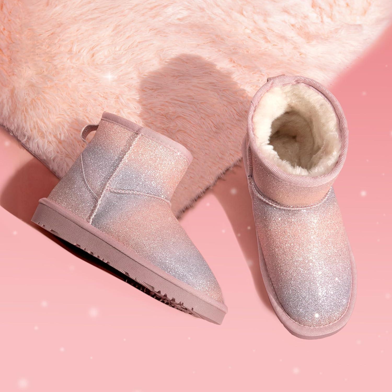 imageDREAM PAIRS Girls Boys Boots Kids Winter Ankle Faux Fur Lined Snow Shoes FuzzyClassic Kids Low Boot for ToddlerLittle KidBig KidPinkRainbow