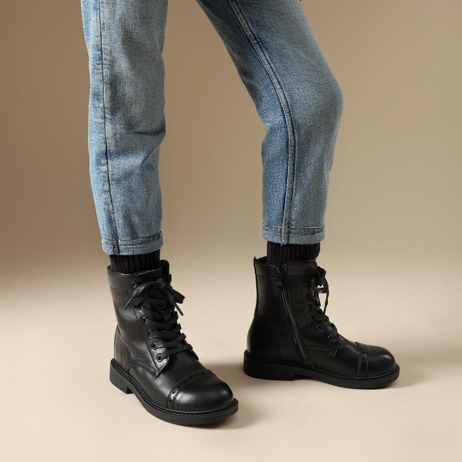 imageDREAM PAIRS Girls Boys Combat Ankle Boots Side Zipper Shoes with Lace Up for ToddlerLittle KidBig KidBlack