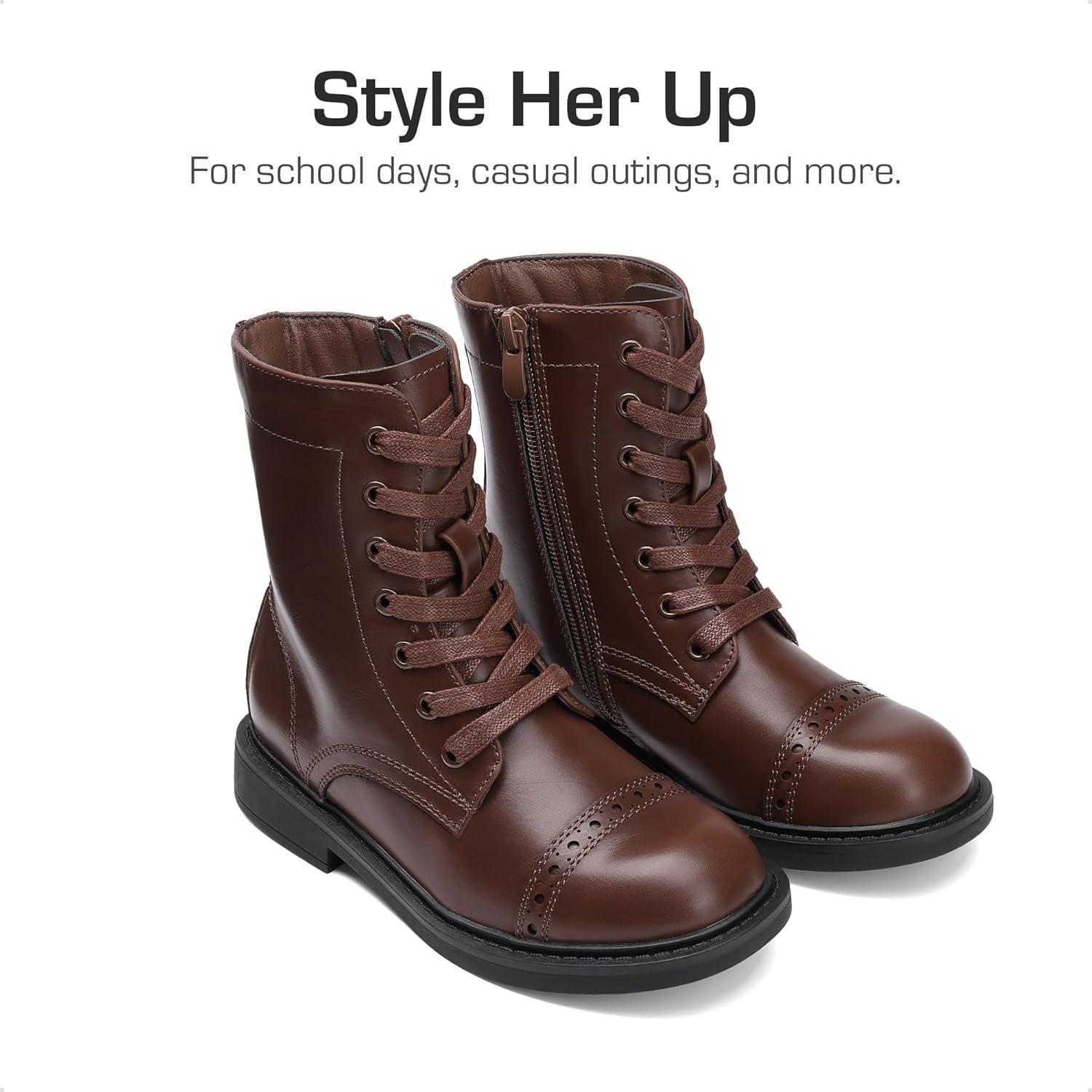 imageDREAM PAIRS Girls Boys Combat Ankle Boots Side Zipper Shoes with Lace Up for ToddlerLittle KidBig KidBrown
