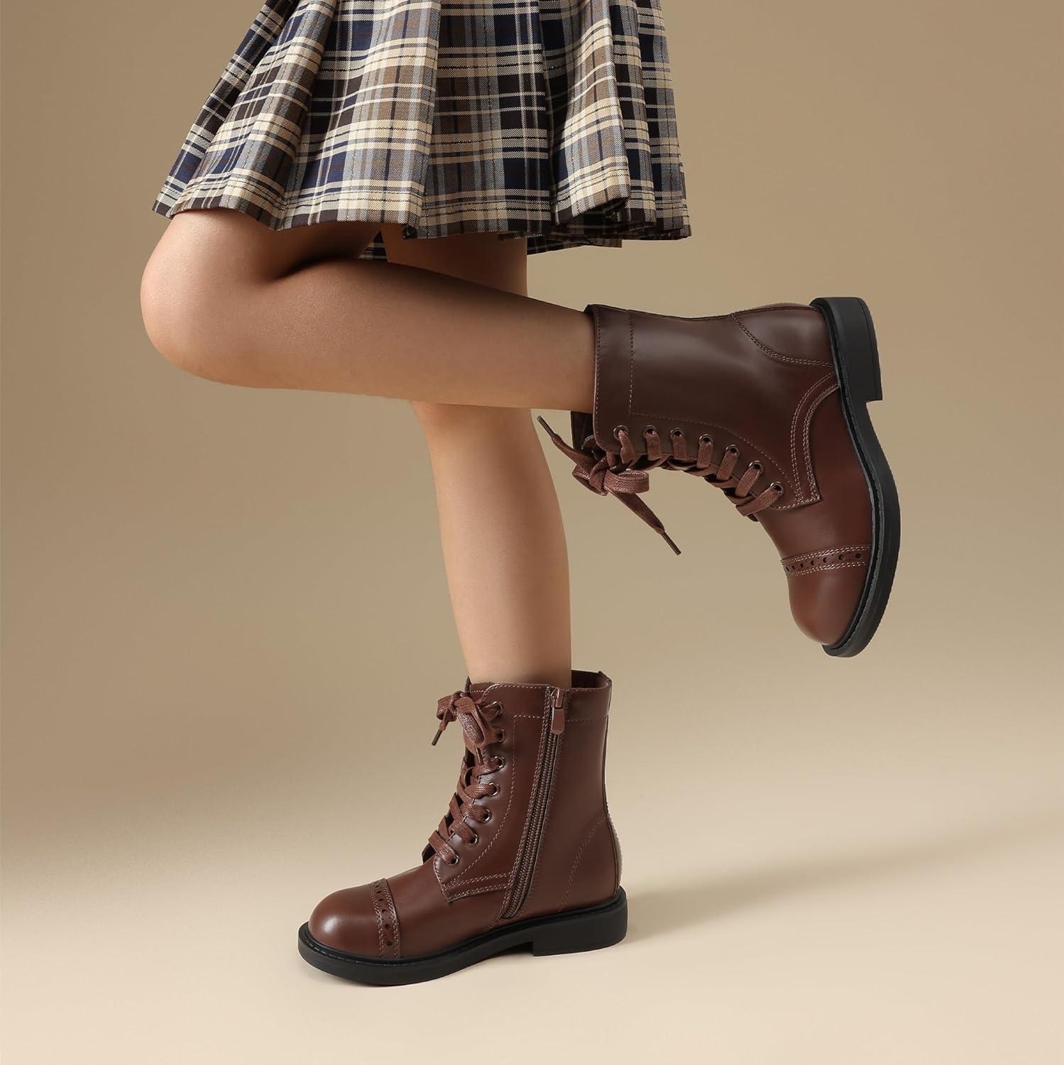 imageDREAM PAIRS Girls Boys Combat Ankle Boots Side Zipper Shoes with Lace Up for ToddlerLittle KidBig KidBrown