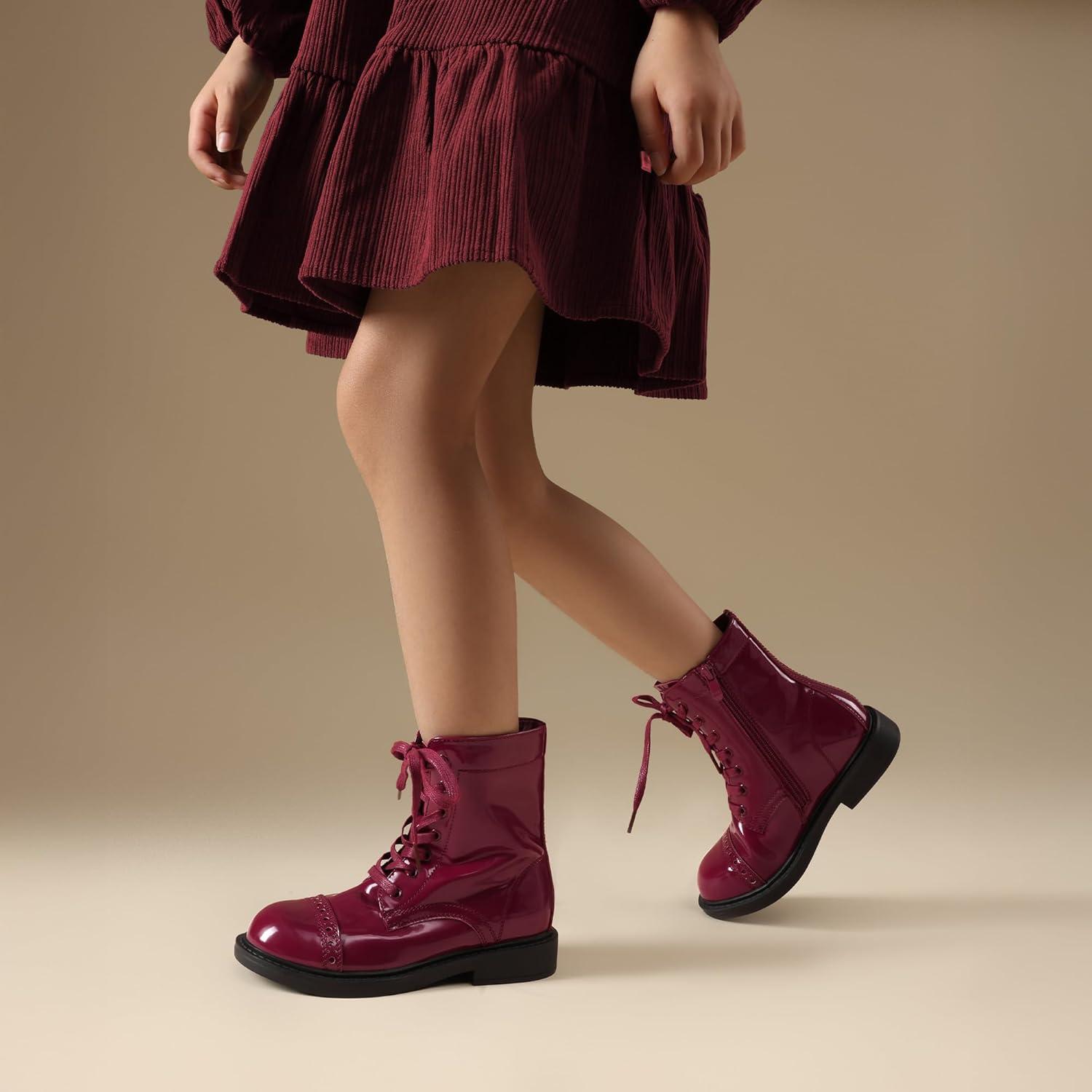 imageDREAM PAIRS Girls Boys Combat Ankle Boots Side Zipper Shoes with Lace Up for ToddlerLittle KidBig KidBurgundy
