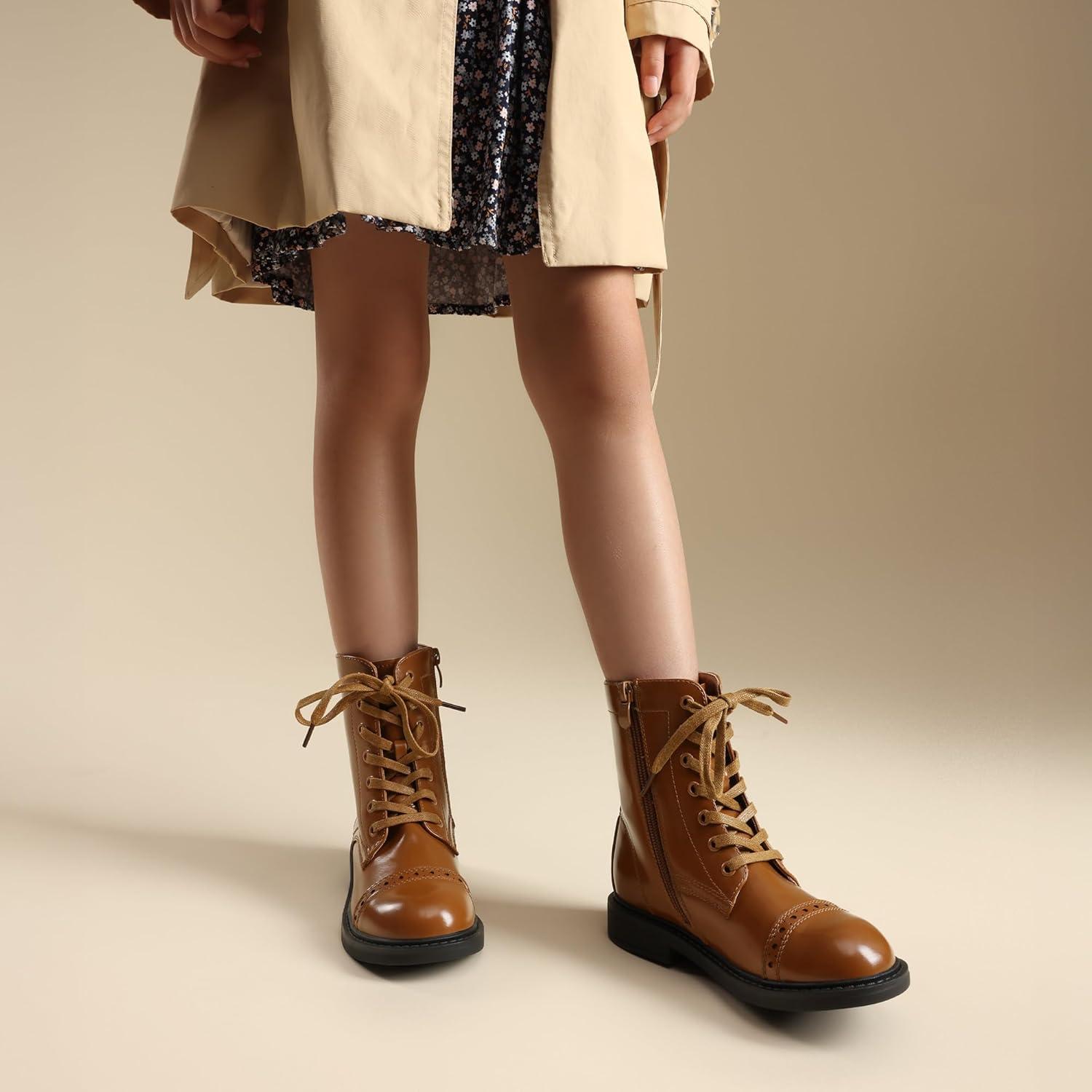 imageDREAM PAIRS Girls Boys Combat Ankle Boots Side Zipper Shoes with Lace Up for ToddlerLittle KidBig KidTan