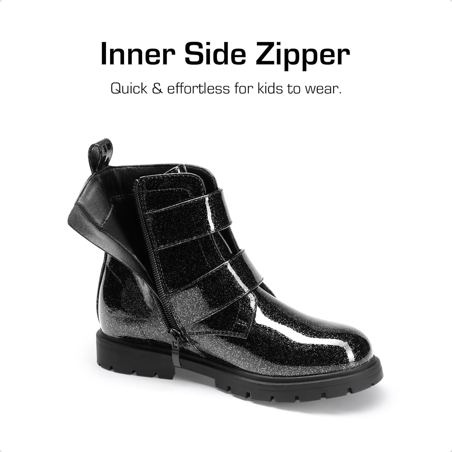 imageDREAM PAIRS Girls Boys Glitter Ankle Boots Side Zipper Combat Shoes with Buckles ToddlerLittle KidBig KidBlack