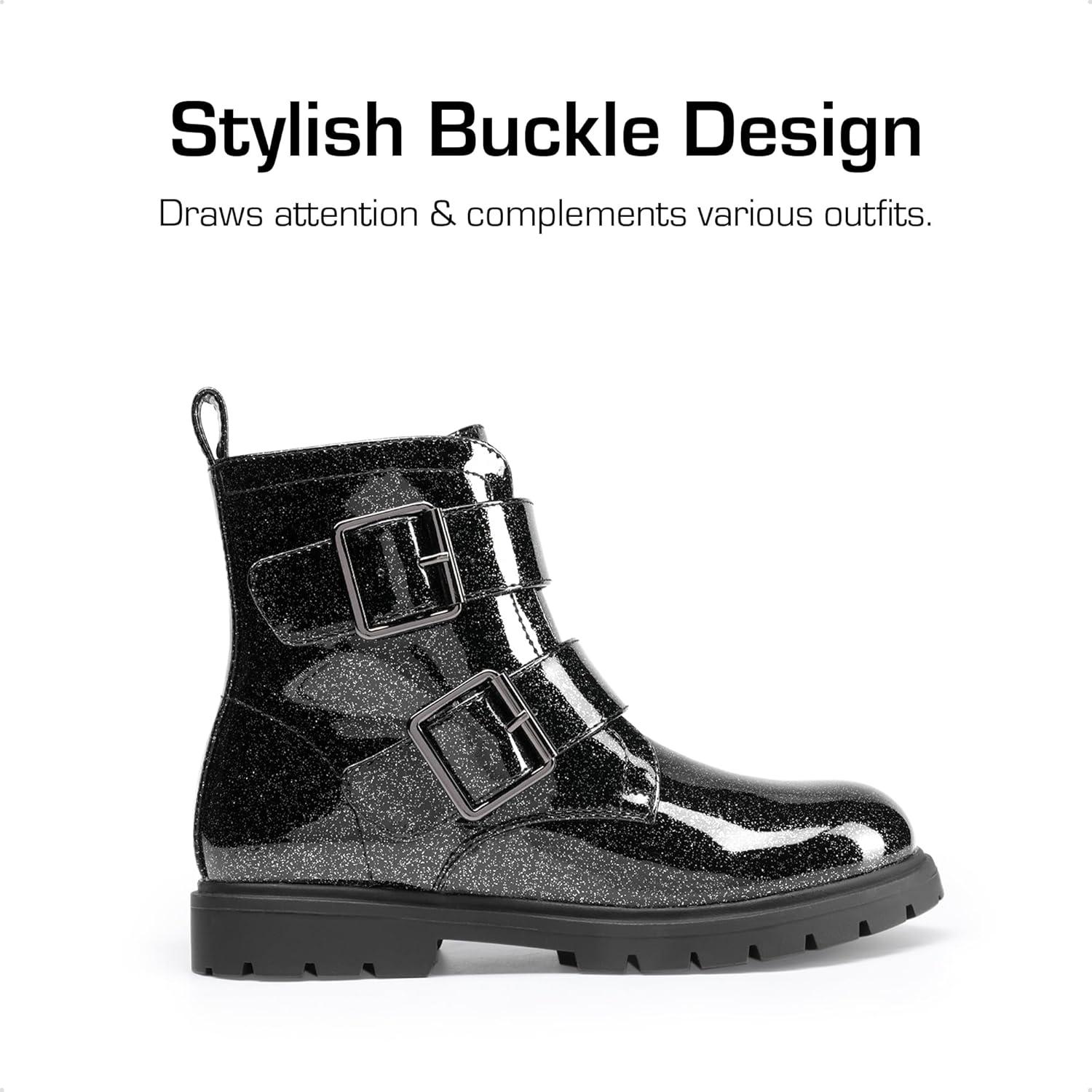 imageDREAM PAIRS Girls Boys Glitter Ankle Boots Side Zipper Combat Shoes with Buckles ToddlerLittle KidBig KidBlack