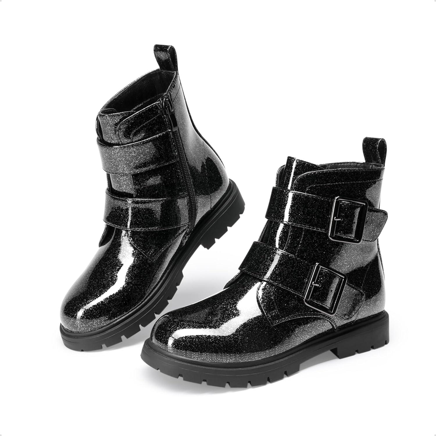 imageDREAM PAIRS Girls Boys Glitter Ankle Boots Side Zipper Combat Shoes with Buckles ToddlerLittle KidBig KidBlack