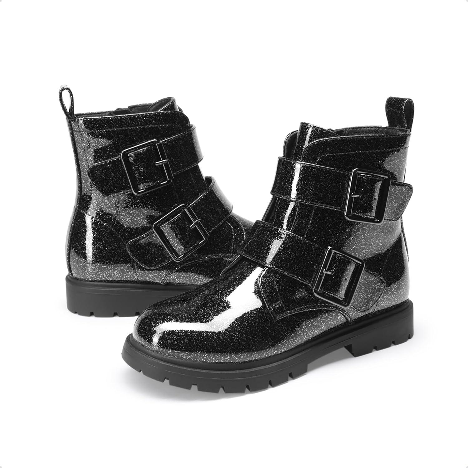 imageDREAM PAIRS Girls Boys Glitter Ankle Boots Side Zipper Combat Shoes with Buckles ToddlerLittle KidBig KidBlack