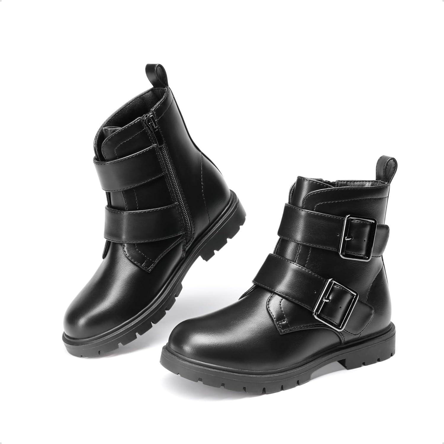 imageDREAM PAIRS Girls Boys Glitter Ankle Boots Side Zipper Combat Shoes with Buckles ToddlerLittle KidBig KidBlackpu