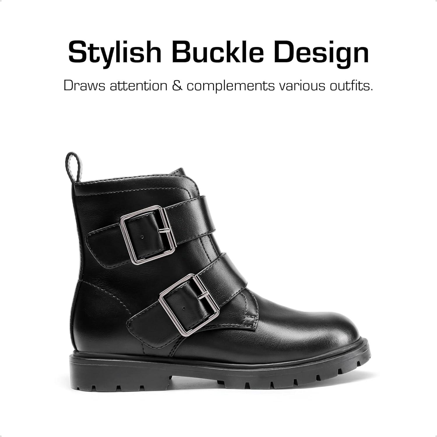 imageDREAM PAIRS Girls Boys Glitter Ankle Boots Side Zipper Combat Shoes with Buckles ToddlerLittle KidBig KidBlackpu