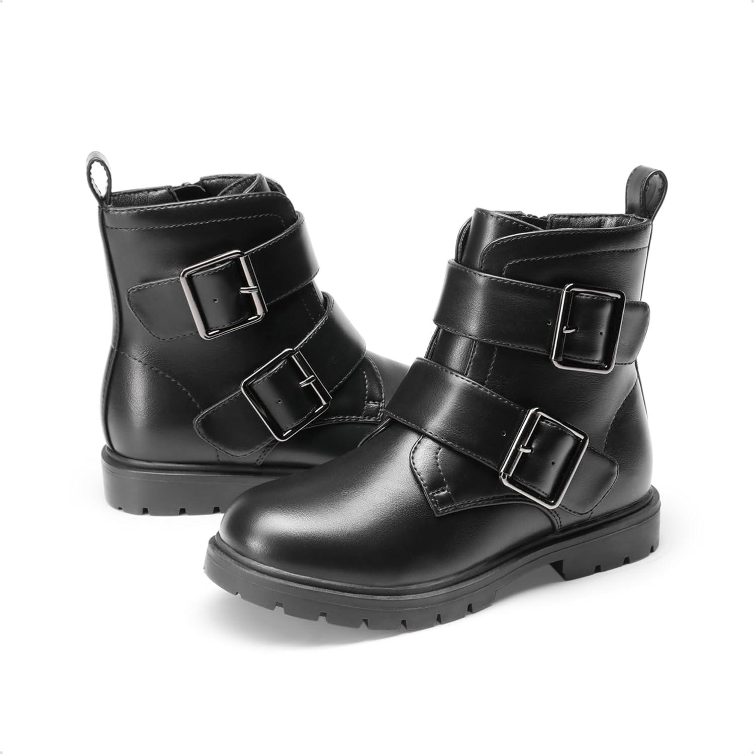 imageDREAM PAIRS Girls Boys Glitter Ankle Boots Side Zipper Combat Shoes with Buckles ToddlerLittle KidBig KidBlackpu