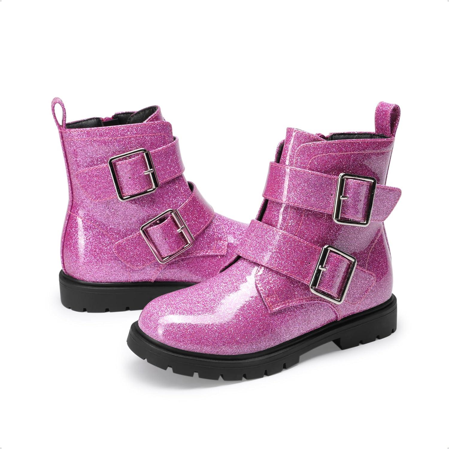 imageDREAM PAIRS Girls Boys Glitter Ankle Boots Side Zipper Combat Shoes with Buckles ToddlerLittle KidBig KidHot Pink