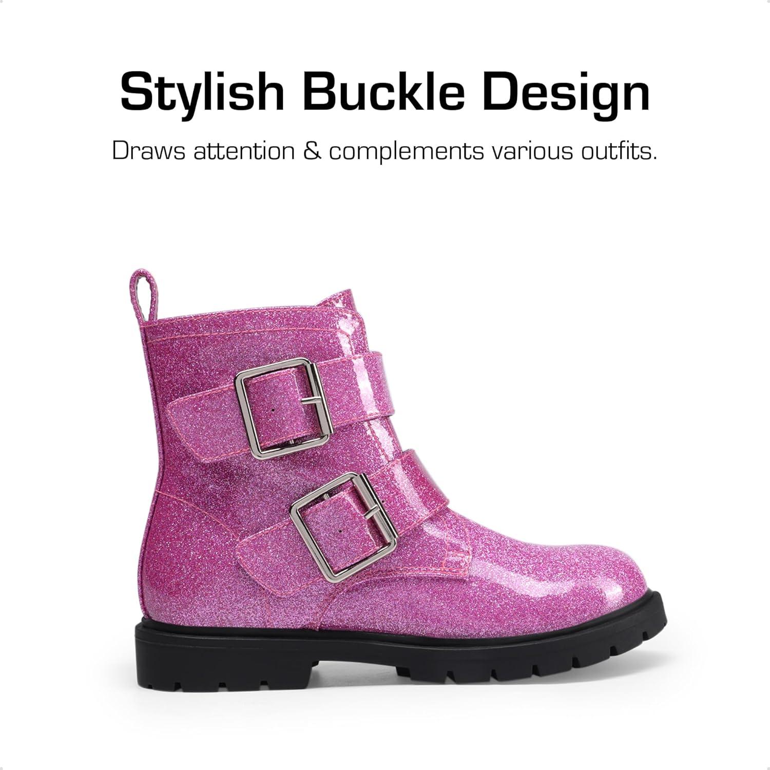 imageDREAM PAIRS Girls Boys Glitter Ankle Boots Side Zipper Combat Shoes with Buckles ToddlerLittle KidBig KidHot Pink