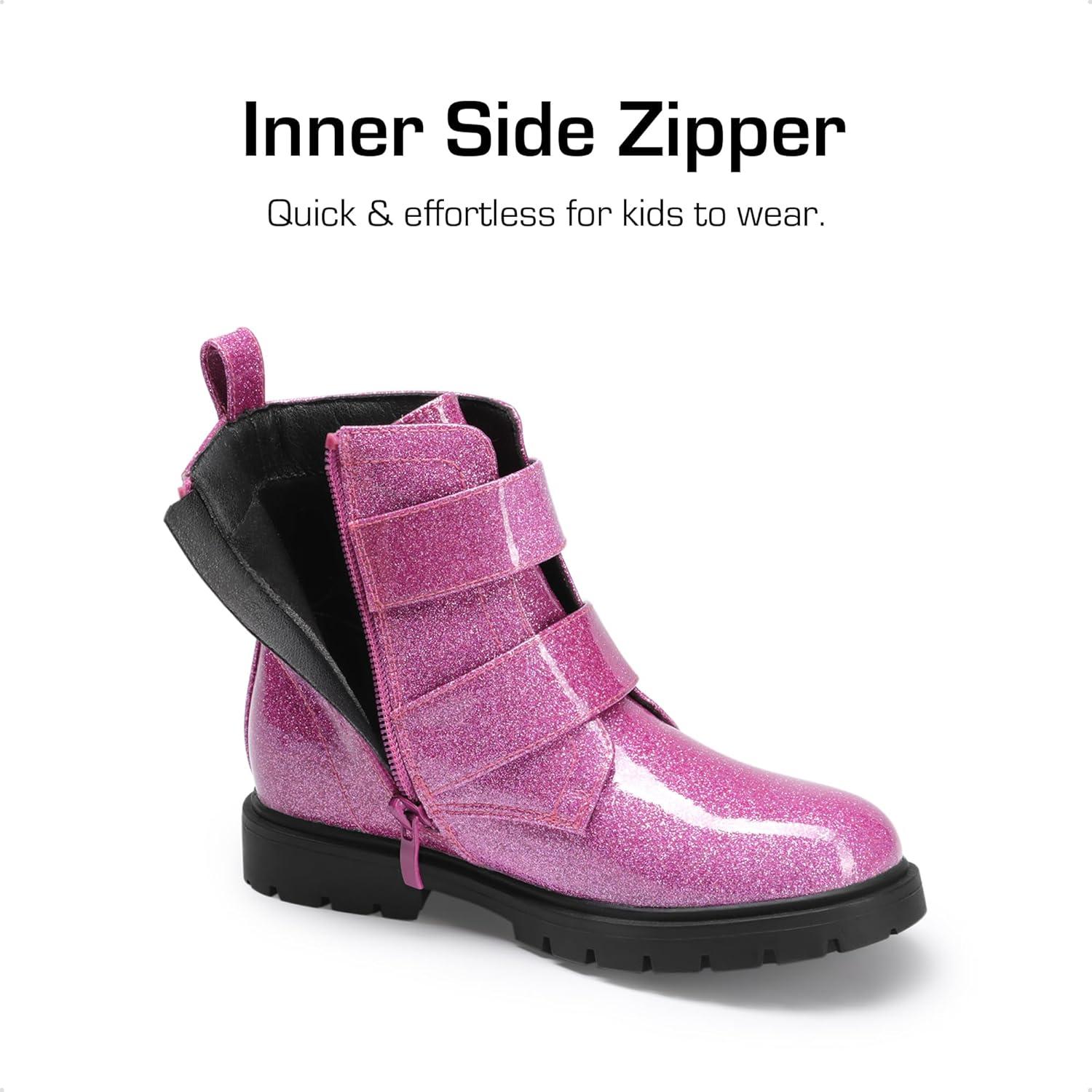 imageDREAM PAIRS Girls Boys Glitter Ankle Boots Side Zipper Combat Shoes with Buckles ToddlerLittle KidBig KidHot Pink