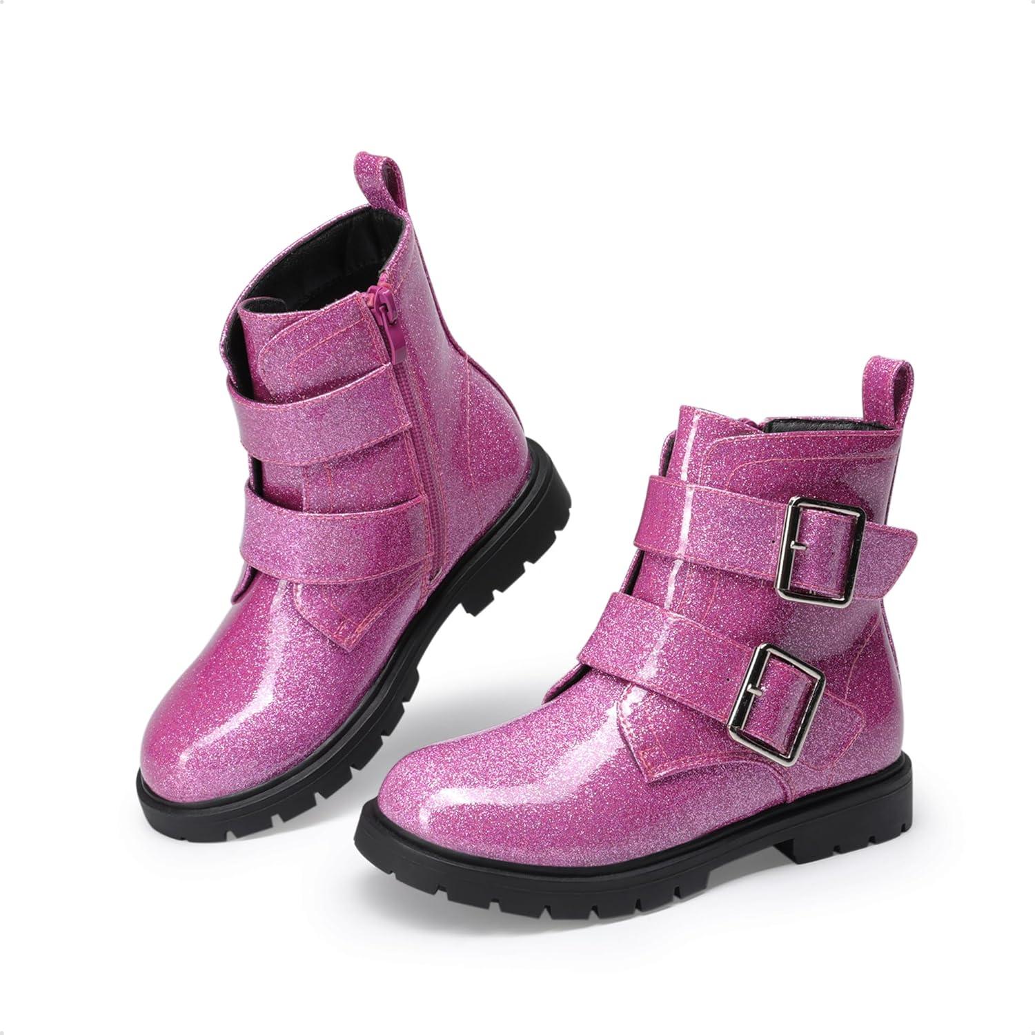 imageDREAM PAIRS Girls Boys Glitter Ankle Boots Side Zipper Combat Shoes with Buckles ToddlerLittle KidBig KidHot Pink