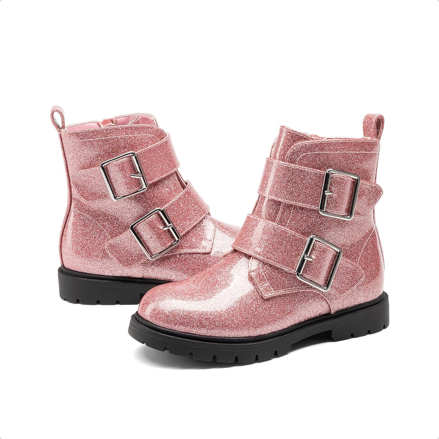 imageDREAM PAIRS Girls Boys Glitter Ankle Boots Side Zipper Combat Shoes with Buckles ToddlerLittle KidBig KidPink
