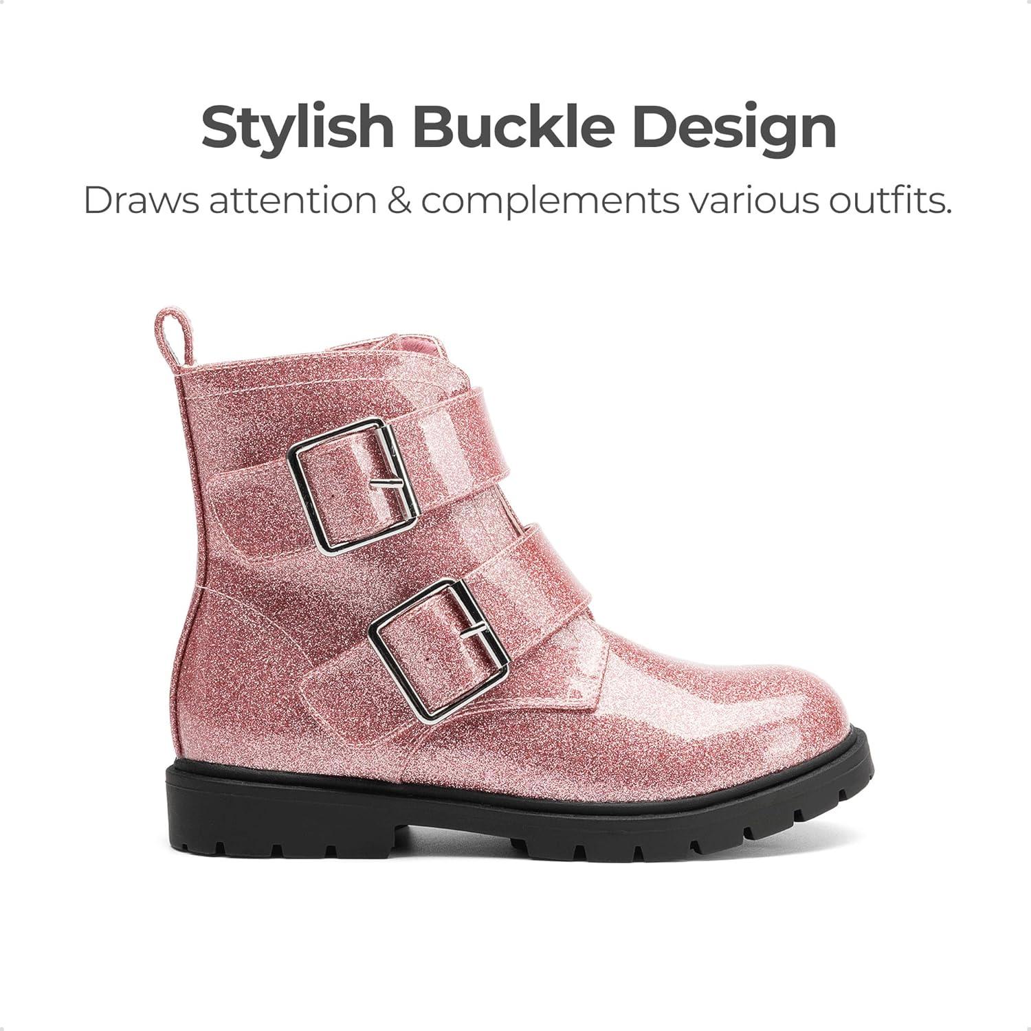 imageDREAM PAIRS Girls Boys Glitter Ankle Boots Side Zipper Combat Shoes with Buckles ToddlerLittle KidBig KidPink