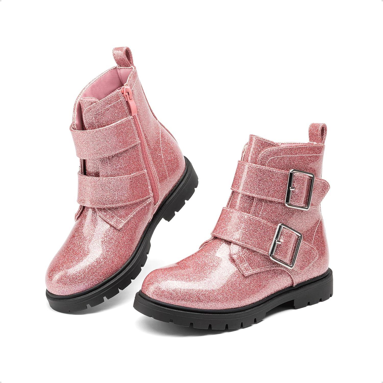 imageDREAM PAIRS Girls Boys Glitter Ankle Boots Side Zipper Combat Shoes with Buckles ToddlerLittle KidBig KidPink